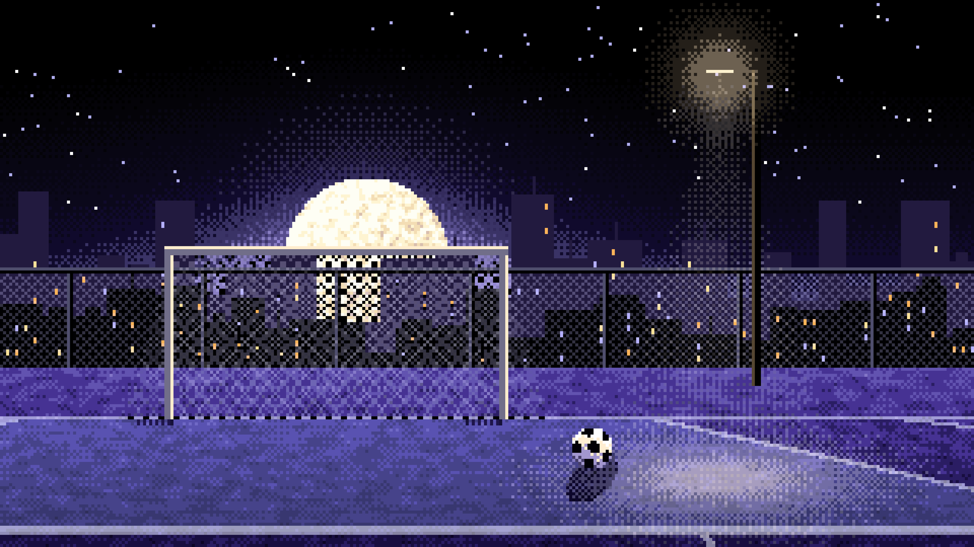 Black Pixel Art Rooftop Soccer Pitch desktop wallpaper in 4K
