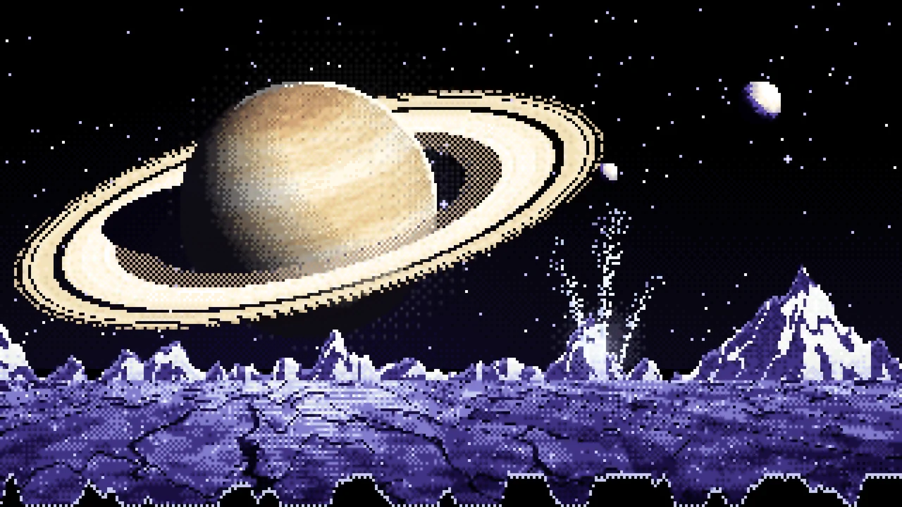 Black Pixel Art Saturn Over an Icy World desktop wallpaper in 4K