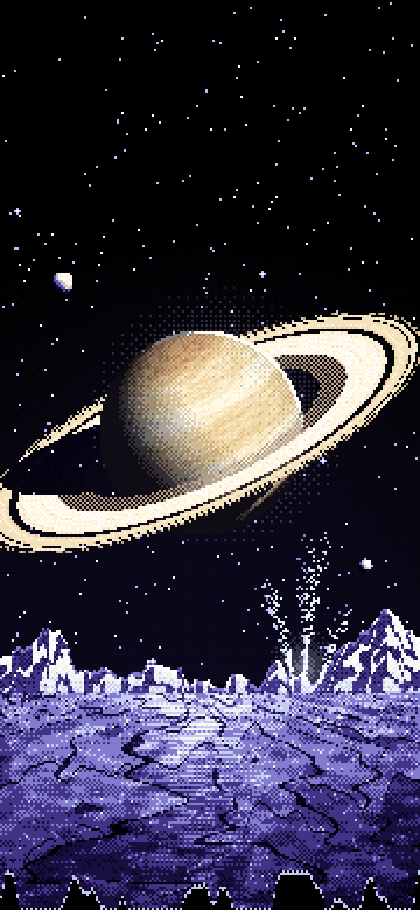 Black Pixel Art Saturn Over an Icy World wallpaper for iPhone and Android