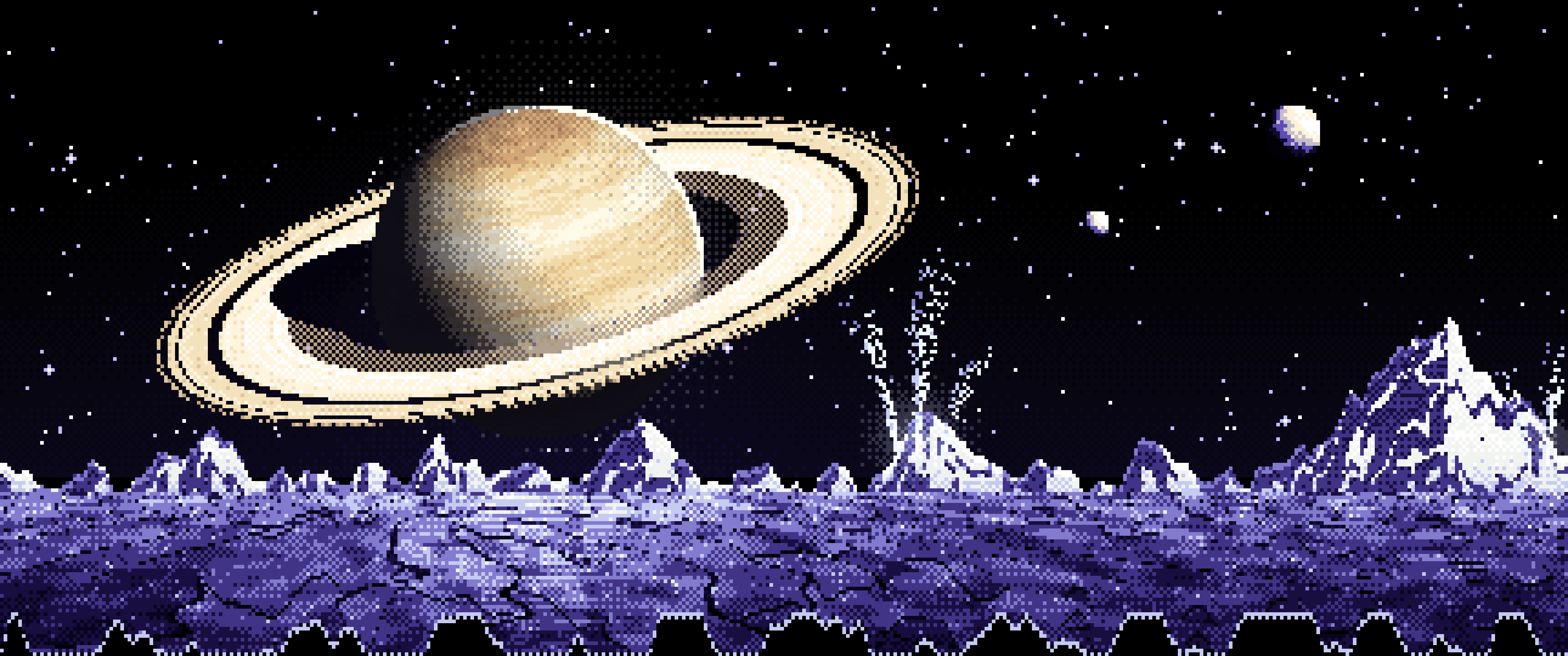 Black Pixel Art Saturn Over an Icy World ultrawide wallpaper, 3440 × 1440