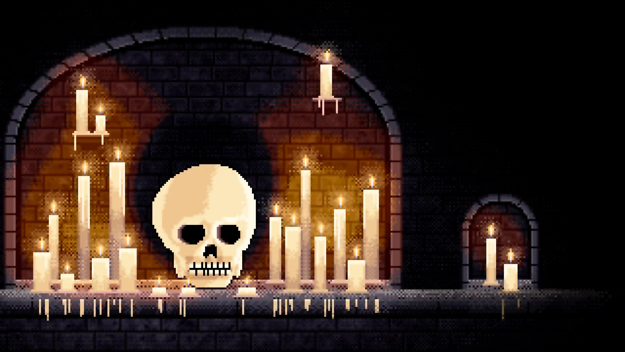 Black Pixel Art Skull Among Candles in a Crypt desktop wallpaper in 4K