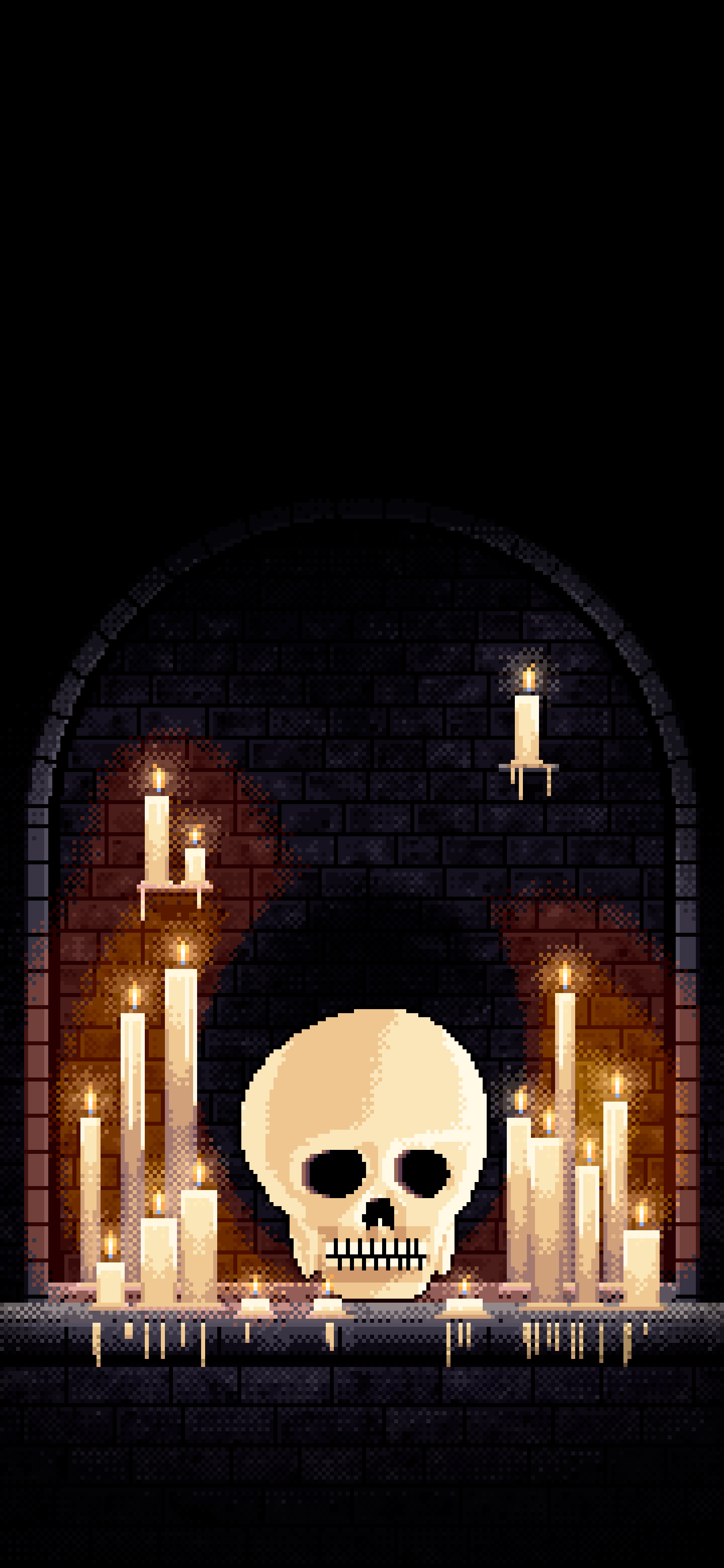 Black Pixel Art Skull Among Candles in a Crypt wallpaper for iPhone and Android