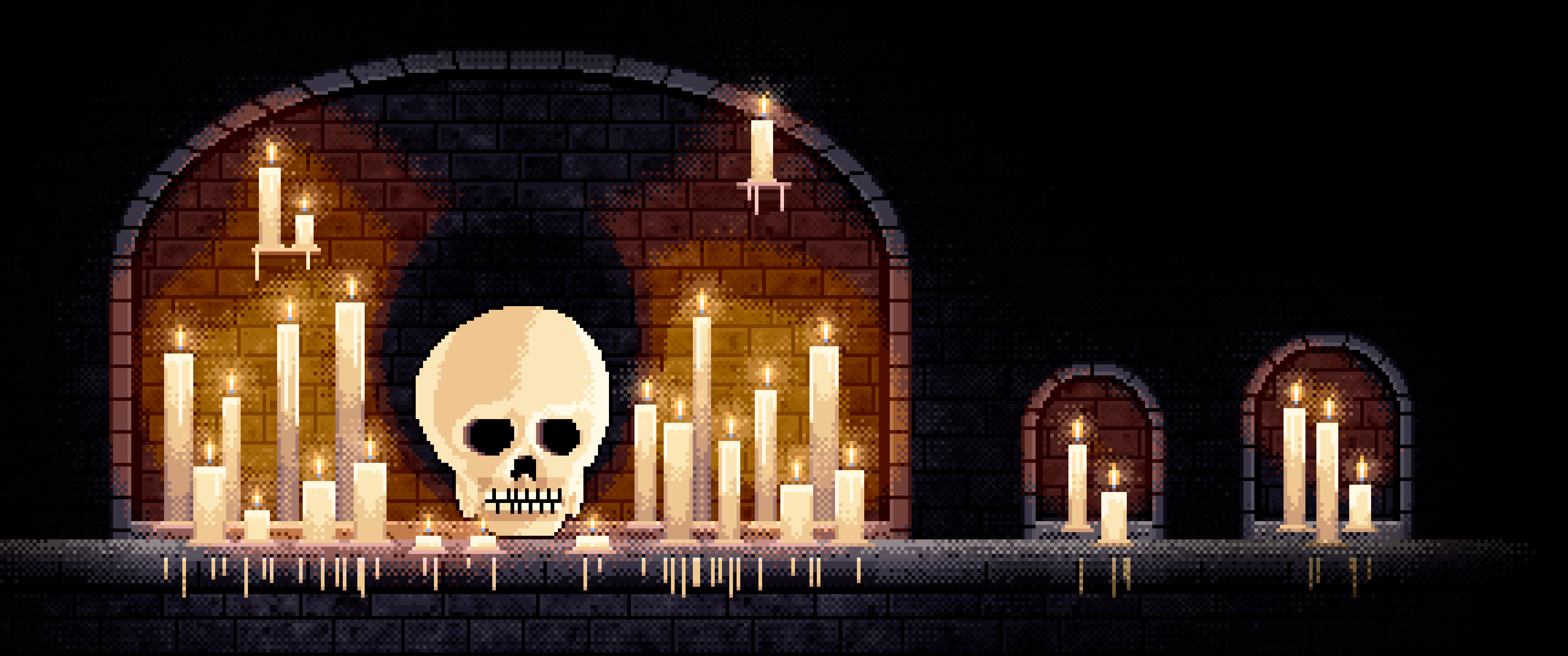 Black Pixel Art Skull Among Candles in a Crypt ultrawide wallpaper, 3440 × 1440