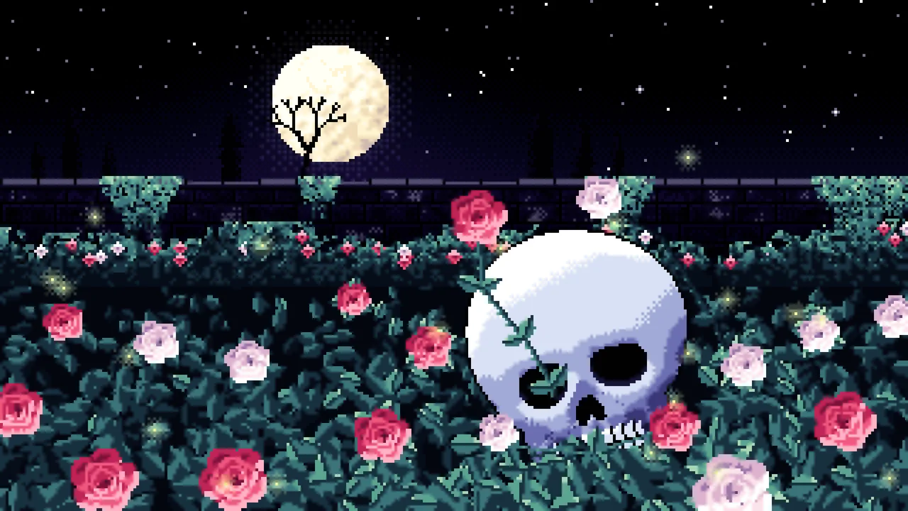 Black Pixel Art Skull and Roses by Moonlight desktop wallpaper in 4K
