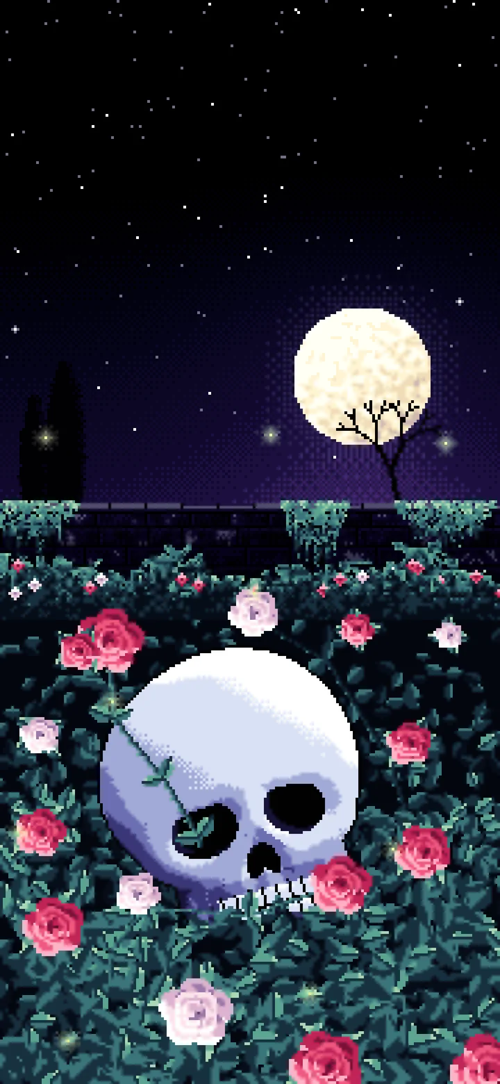 Black Pixel Art Skull and Roses by Moonlight wallpaper for iPhone and Android