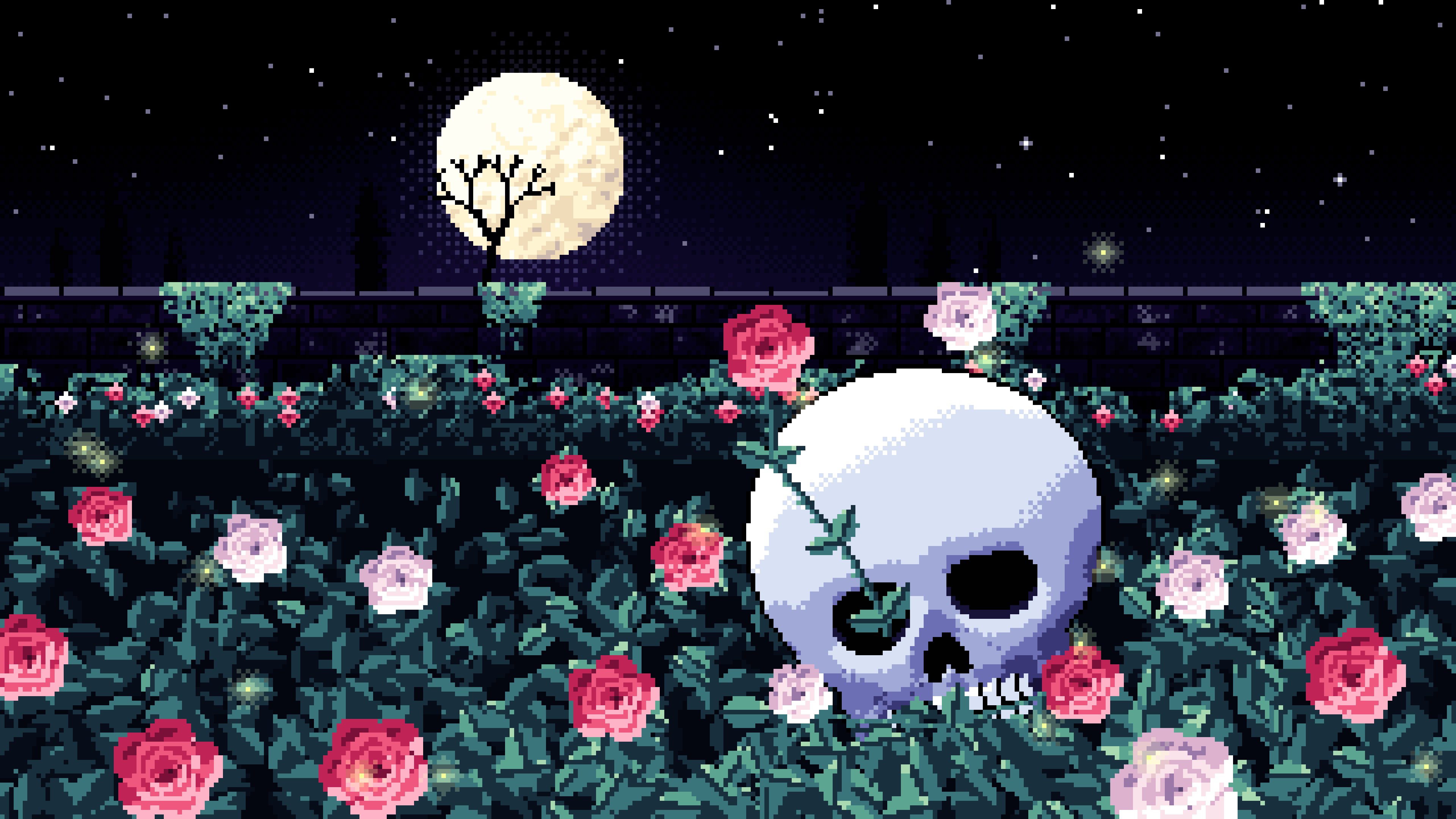 Black Pixel Art Skull and Roses by Moonlight desktop wallpaper in 4K