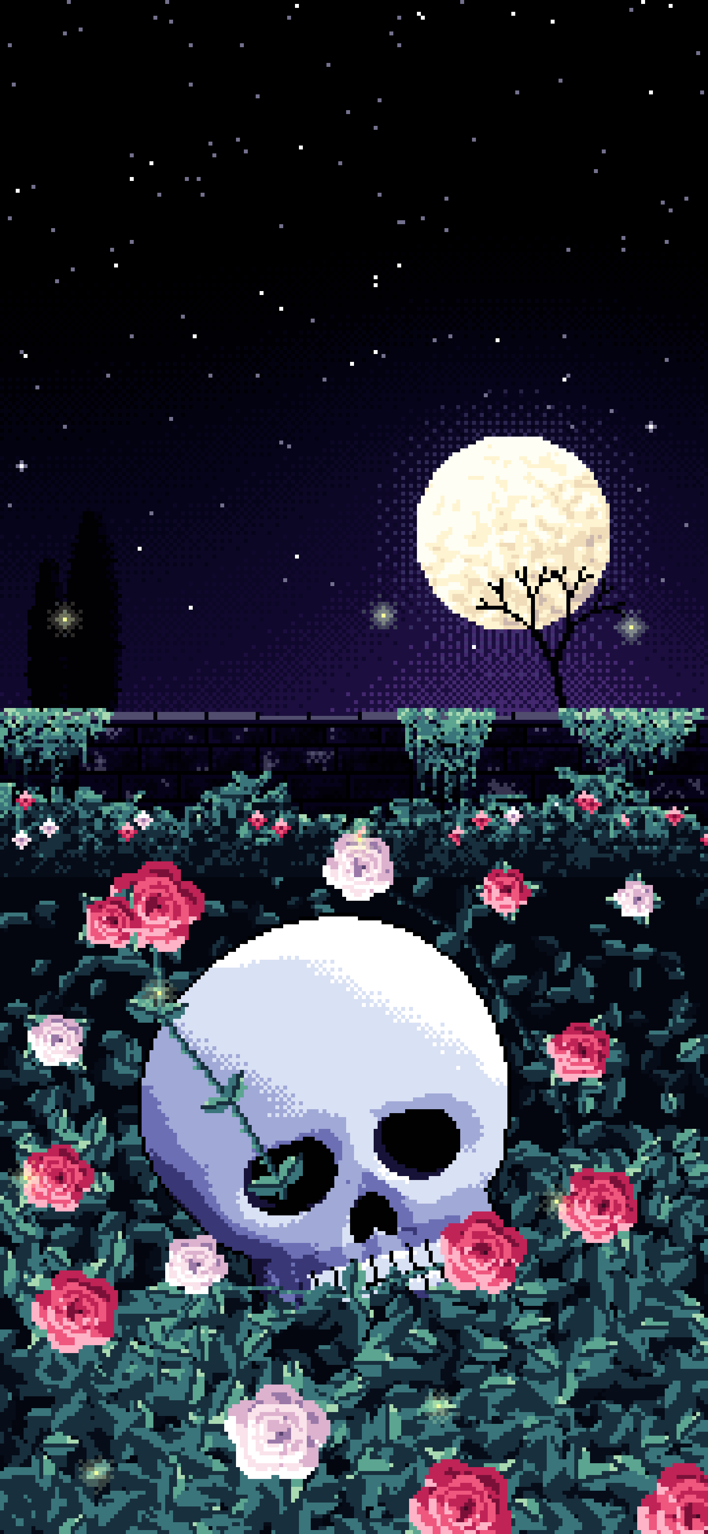 Black Pixel Art Skull and Roses by Moonlight wallpaper for iPhone and Android