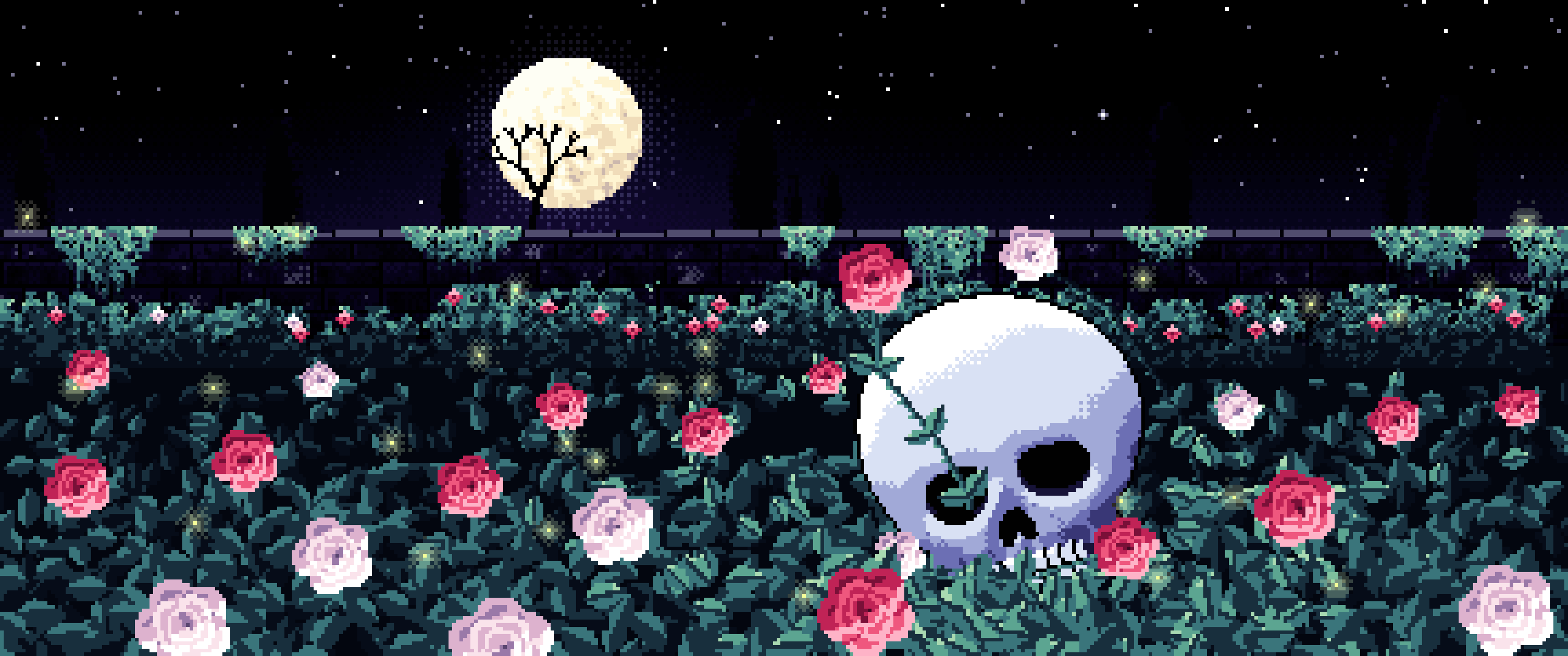 Black Pixel Art Skull and Roses by Moonlight ultrawide wallpaper, 3440 × 1440