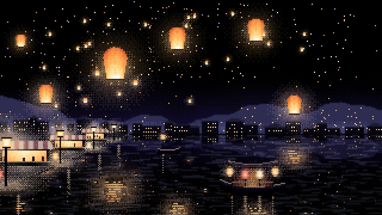 Black Pixel Art Sky Lanterns Over a River desktop wallpaper in 4K