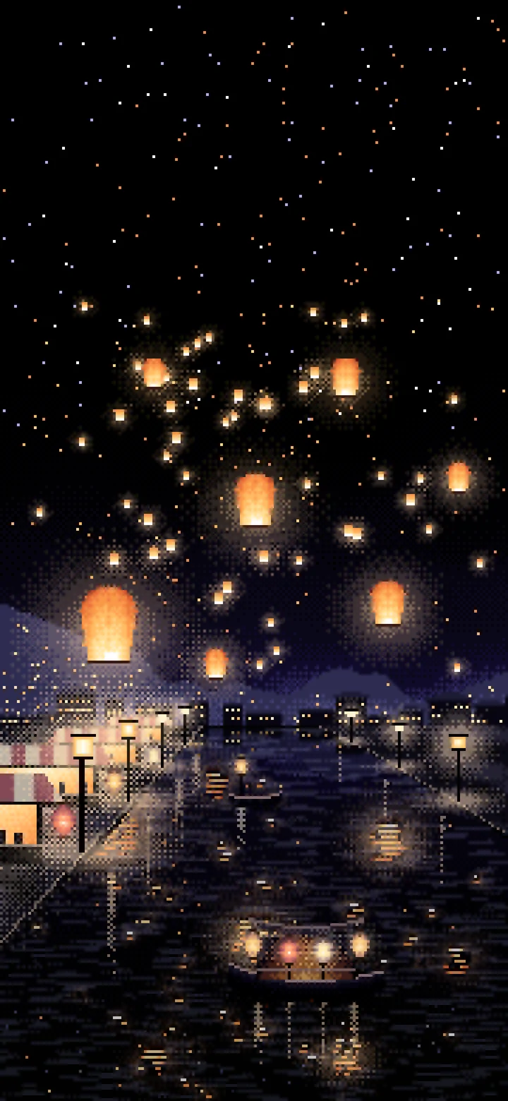 Black Pixel Art Sky Lanterns Over a River wallpaper for iPhone and Android