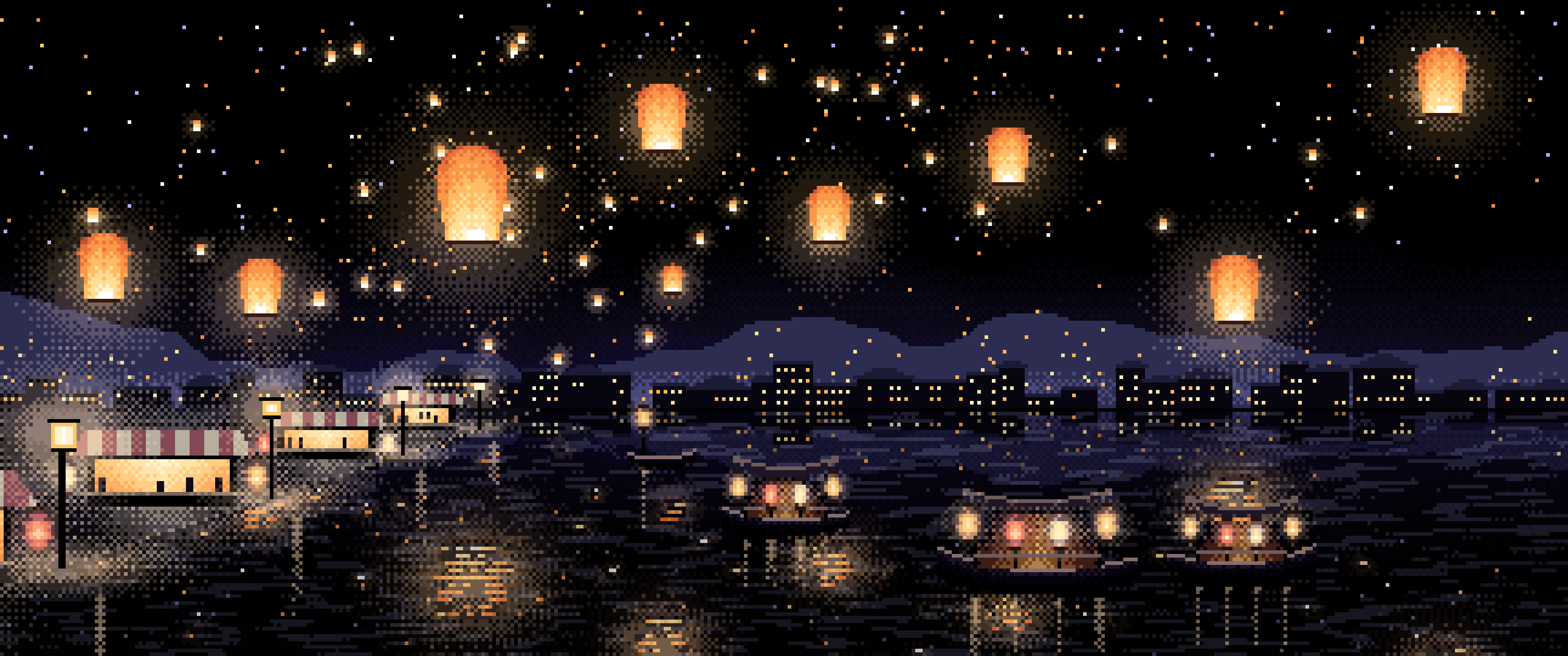 Black Pixel Art Sky Lanterns Over a River ultrawide wallpaper, 3440 × 1440