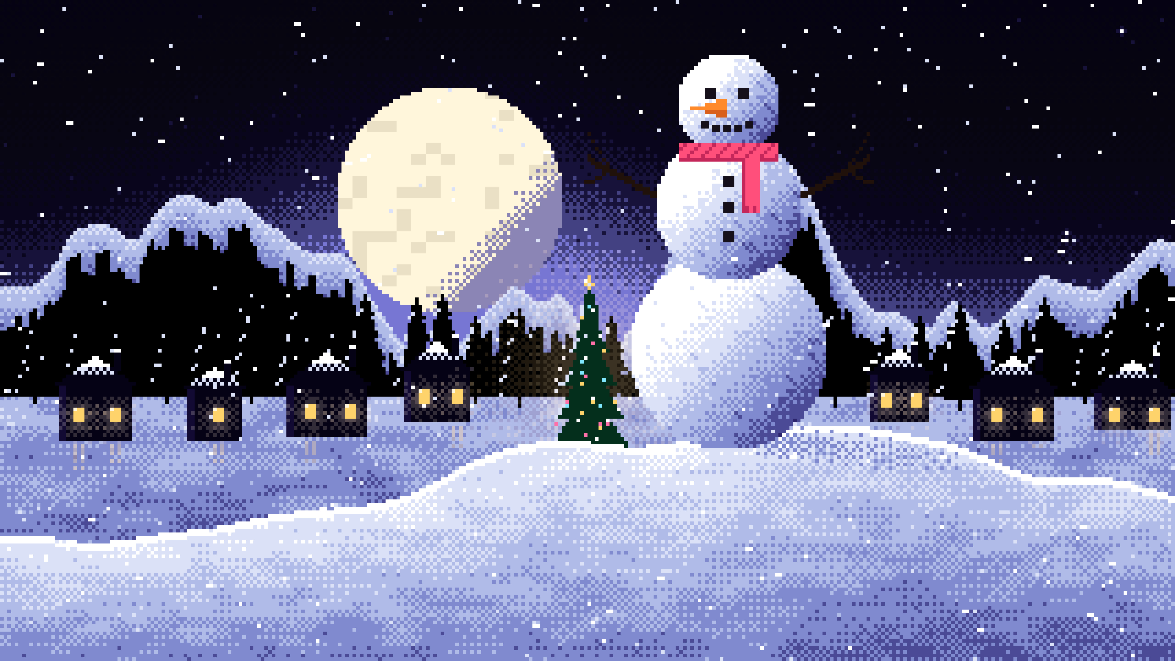 Black Pixel Art Snowman desktop wallpaper in 4K