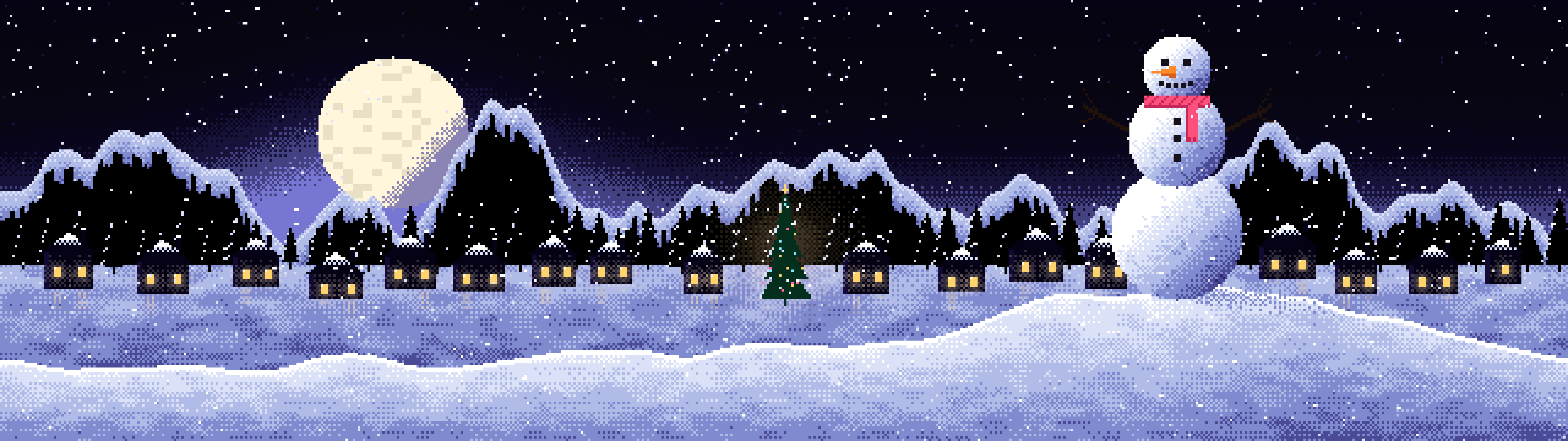 Black Pixel Art Snowman dual monitor wallpaper, 7680 × 2160