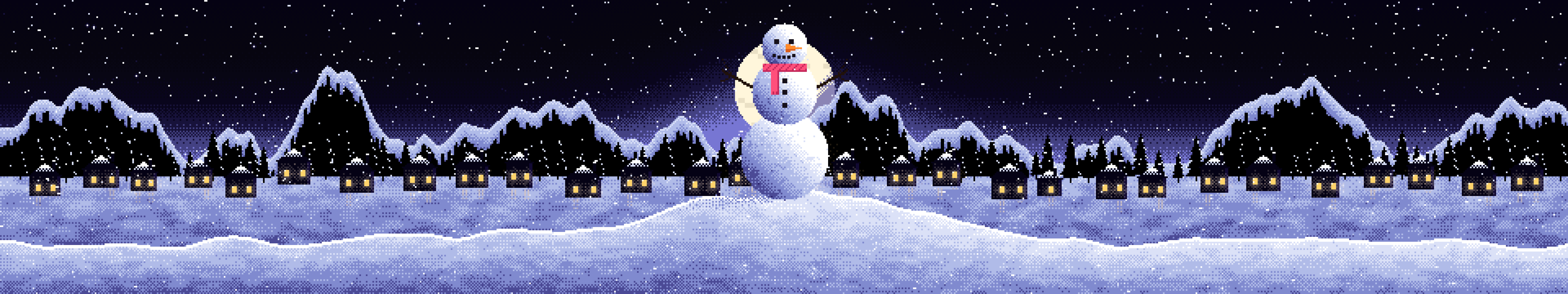 Black Pixel Art Snowman triple monitor wallpaper, 7680 × 1440