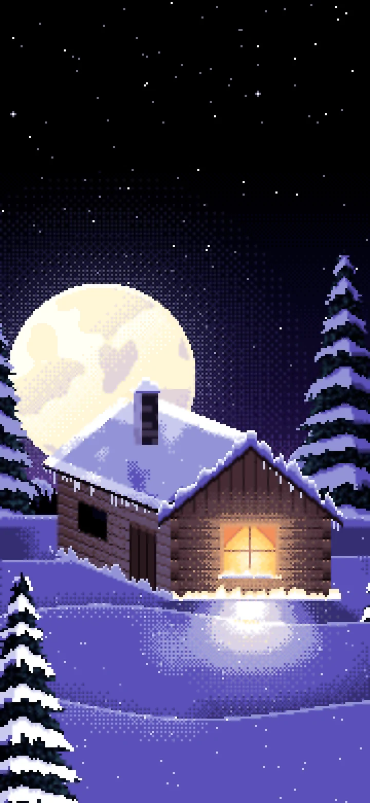Black Pixel Art Snowy Cabin and Full Moon wallpaper for iPhone and Android