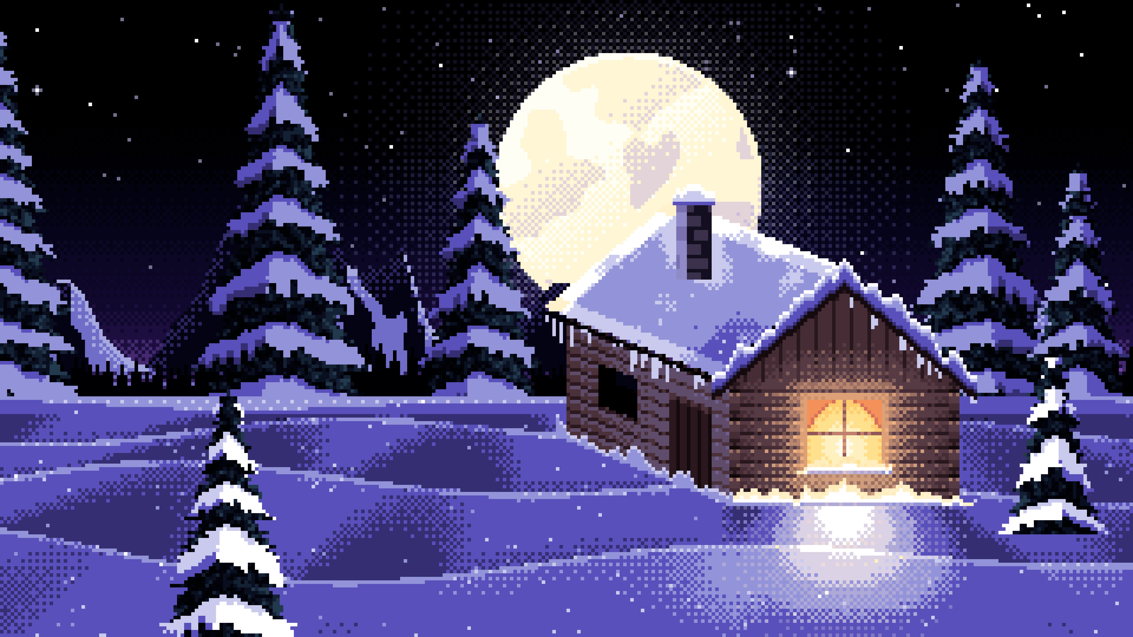 Black Pixel Art Snowy Cabin and Full Moon desktop wallpaper in 4K