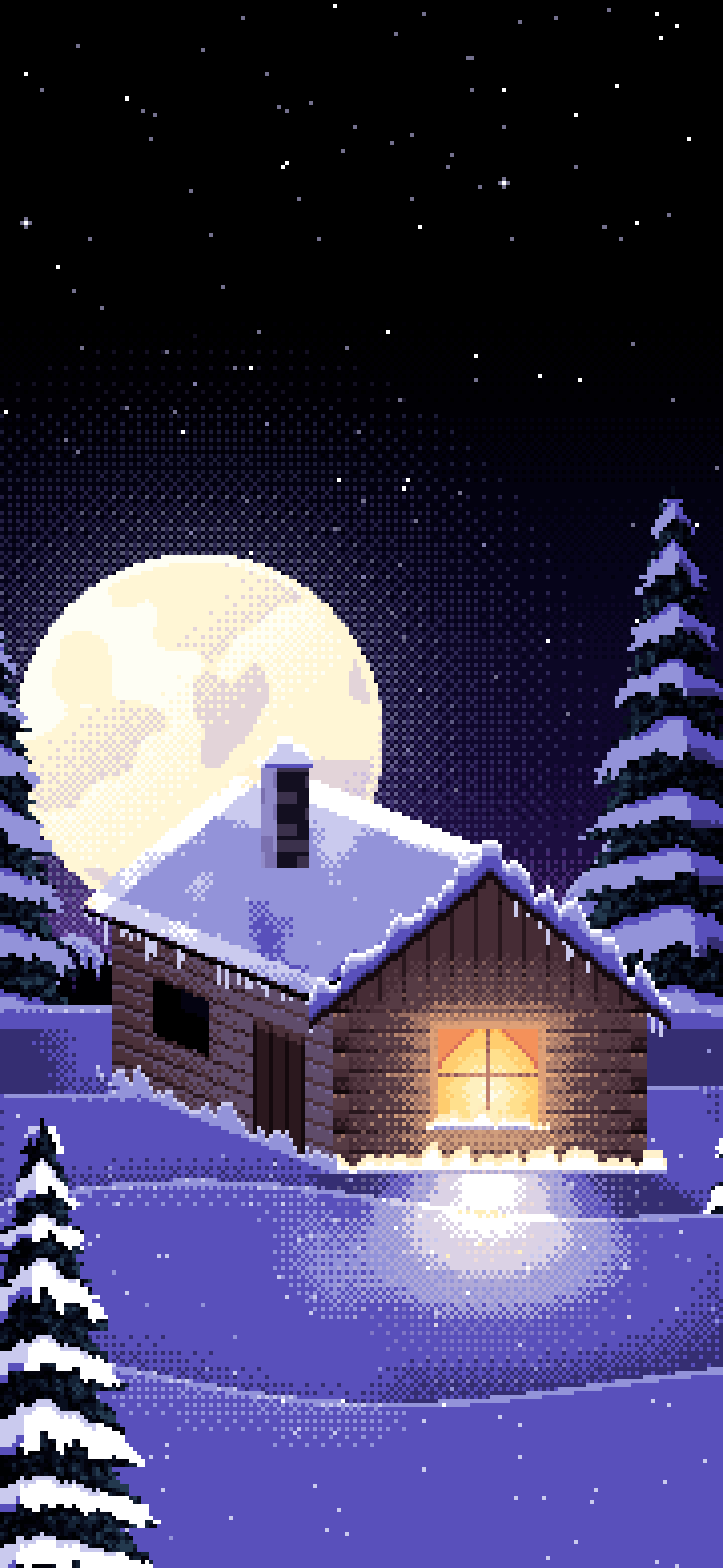 Black Pixel Art Snowy Cabin and Full Moon wallpaper for iPhone and Android