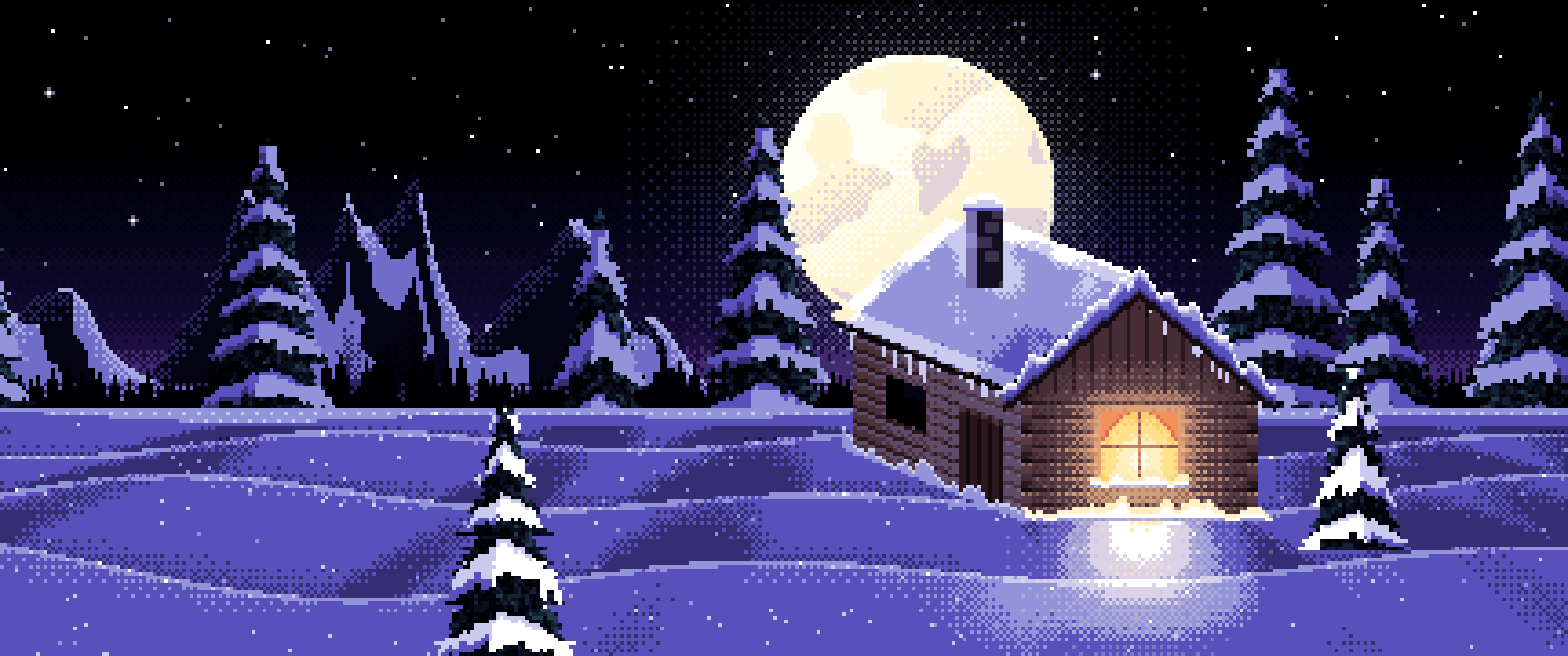 Black Pixel Art Snowy Cabin and Full Moon ultrawide wallpaper, 3440 × 1440