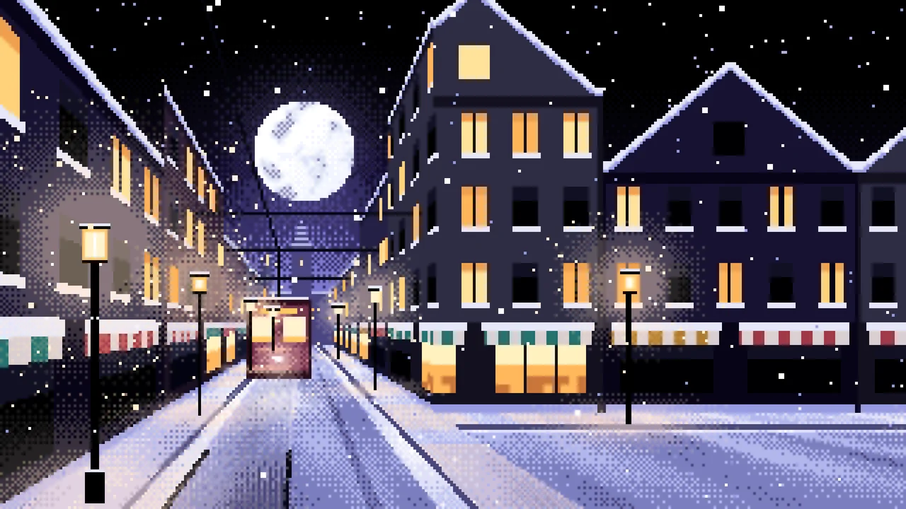 Black Pixel Art Snowy City Street desktop wallpaper in 4K