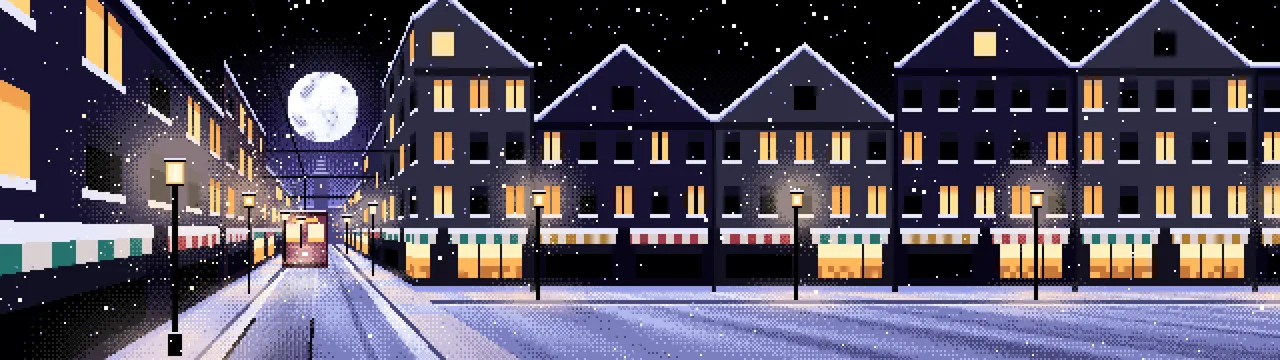 Black Pixel Art Snowy City Street dual monitor wallpaper, 7680 × 2160