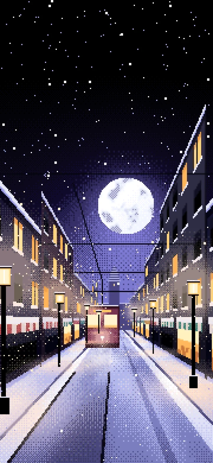 Black Pixel Art Snowy City Street wallpaper for iPhone and Android