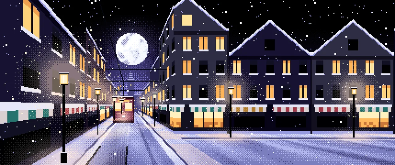 Black Pixel Art Snowy City Street ultrawide wallpaper, 3440 × 1440