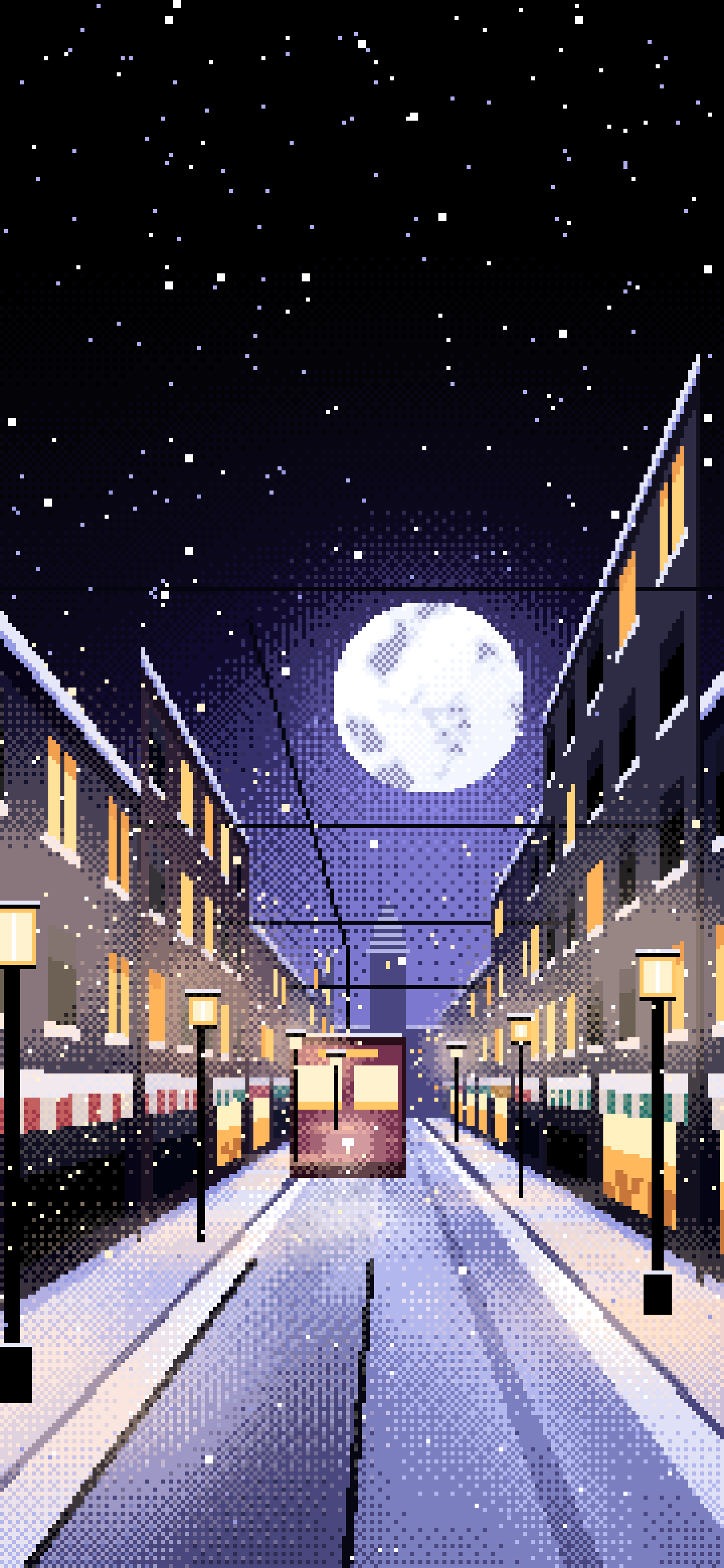 Black Pixel Art Snowy City Street wallpaper for iPhone and Android