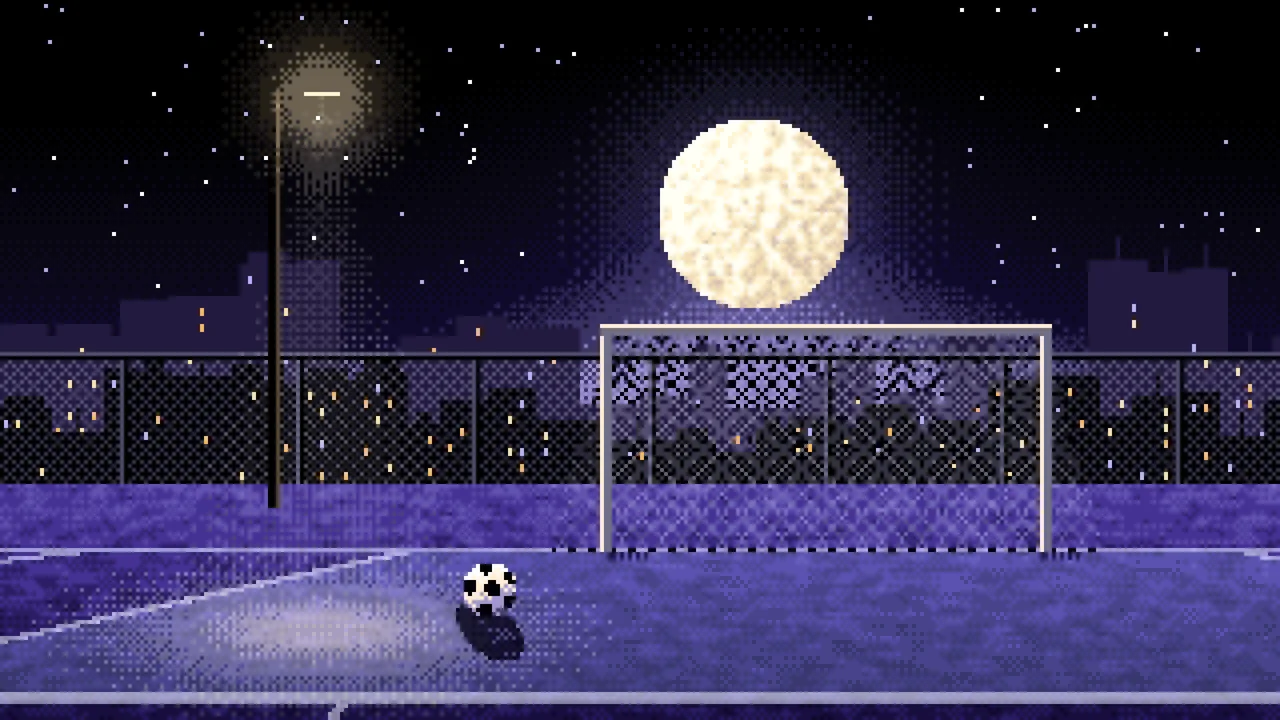 Black Pixel Art Soccer Pitch Under the Moon desktop wallpaper in 4K