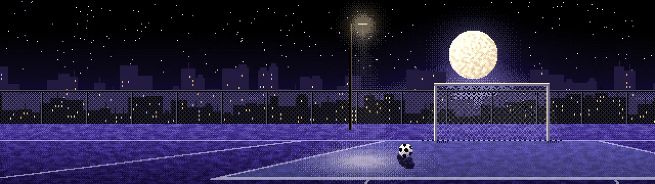 Black Pixel Art Soccer Pitch Under the Moon dual monitor wallpaper, 7680 × 2160