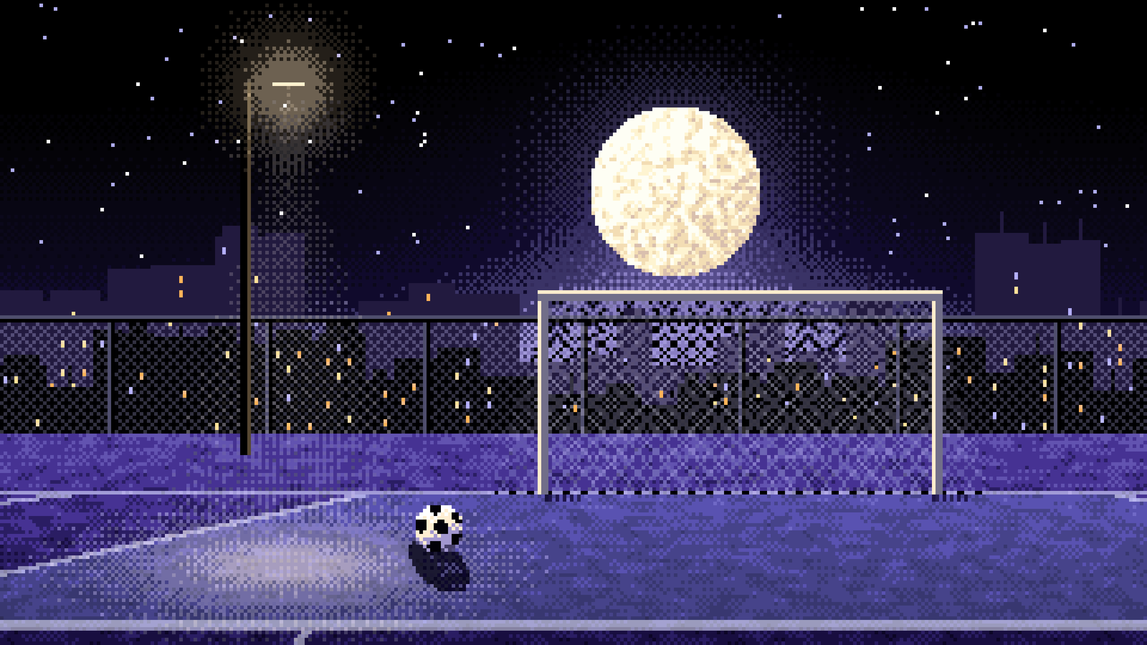 Black Pixel Art Soccer Pitch Under the Moon desktop wallpaper in 4K