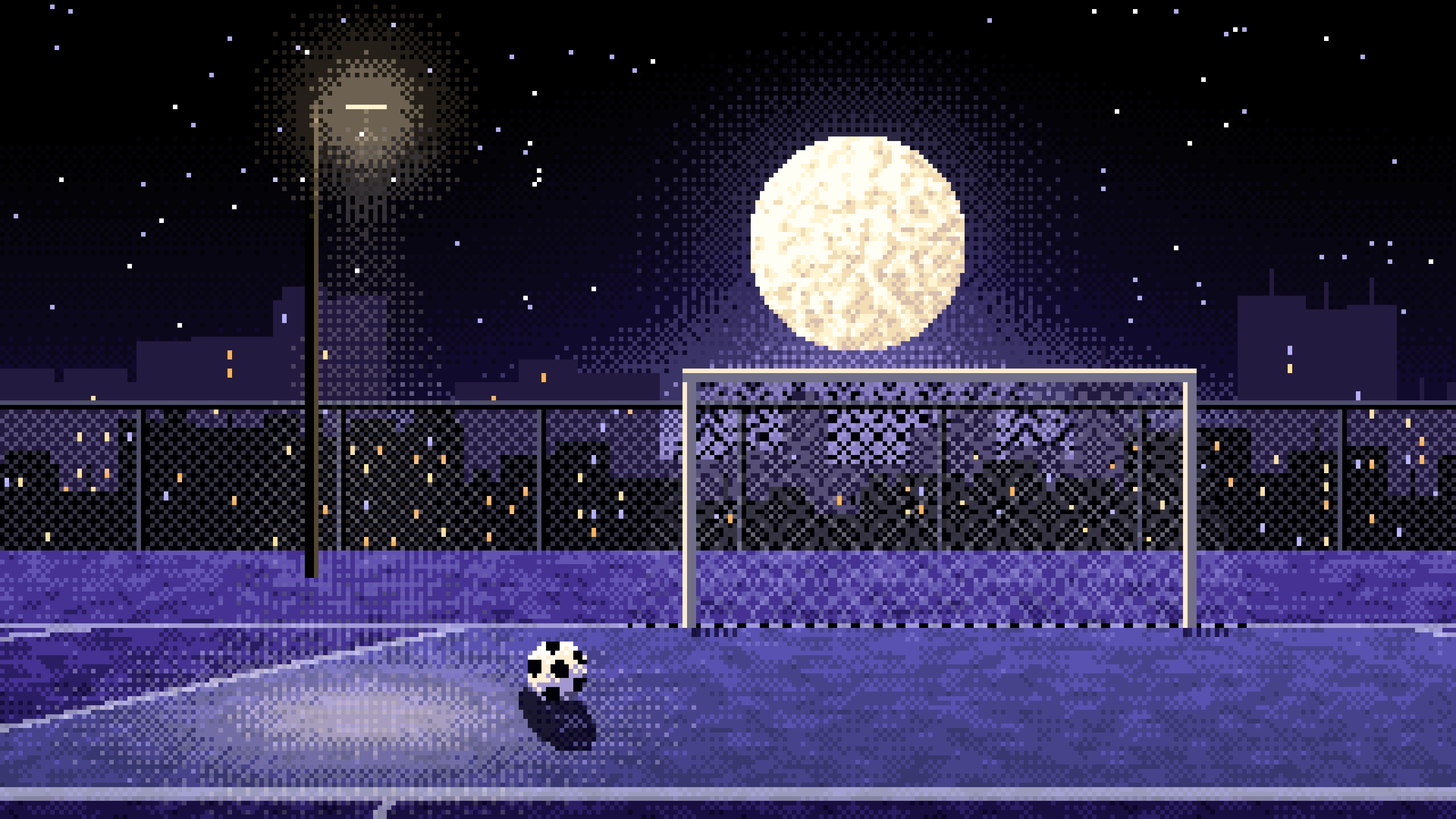 Black Pixel Art Soccer Pitch Under the Moon Wallpaper – 4K