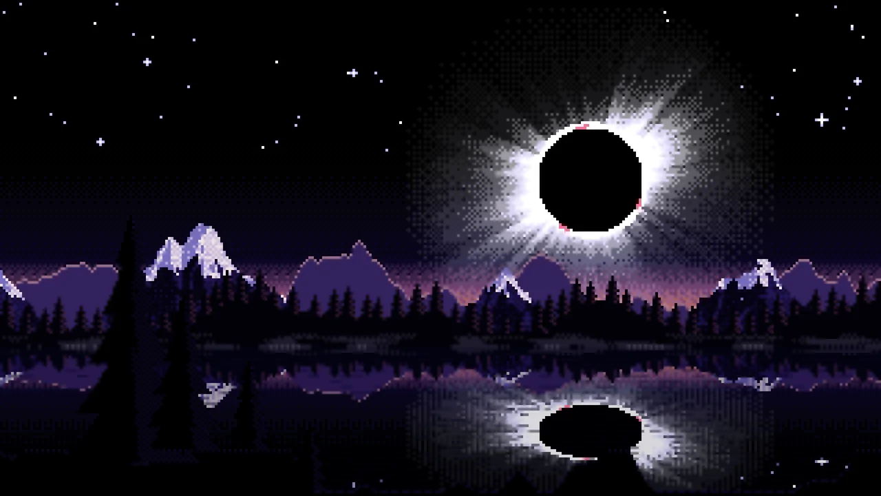 Black Pixel Art Solar Eclipse Over a Lake desktop wallpaper in 4K