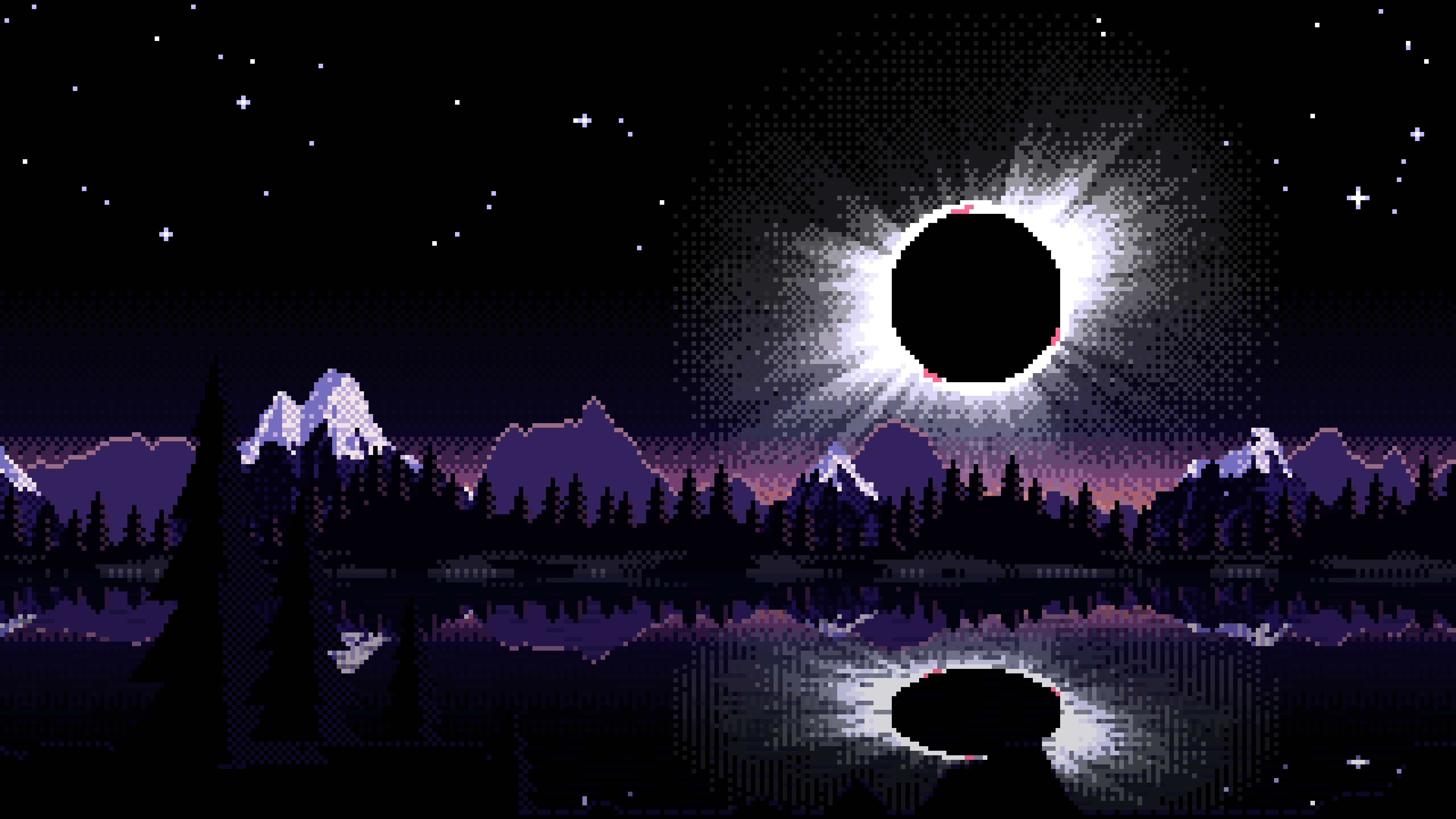 Black Pixel Art Solar Eclipse Over a Lake desktop wallpaper in 4K