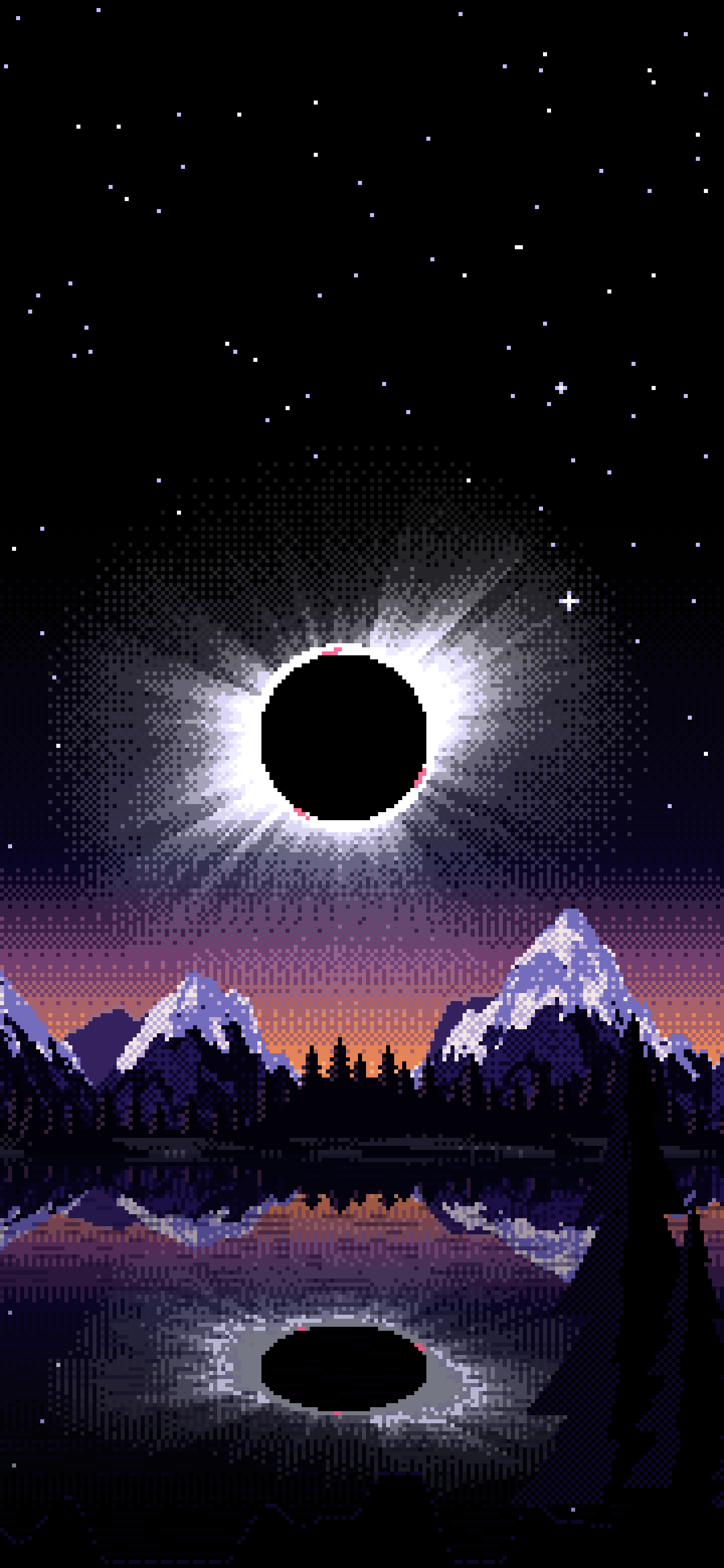 Black Pixel Art Solar Eclipse Over a Lake wallpaper for iPhone and Android