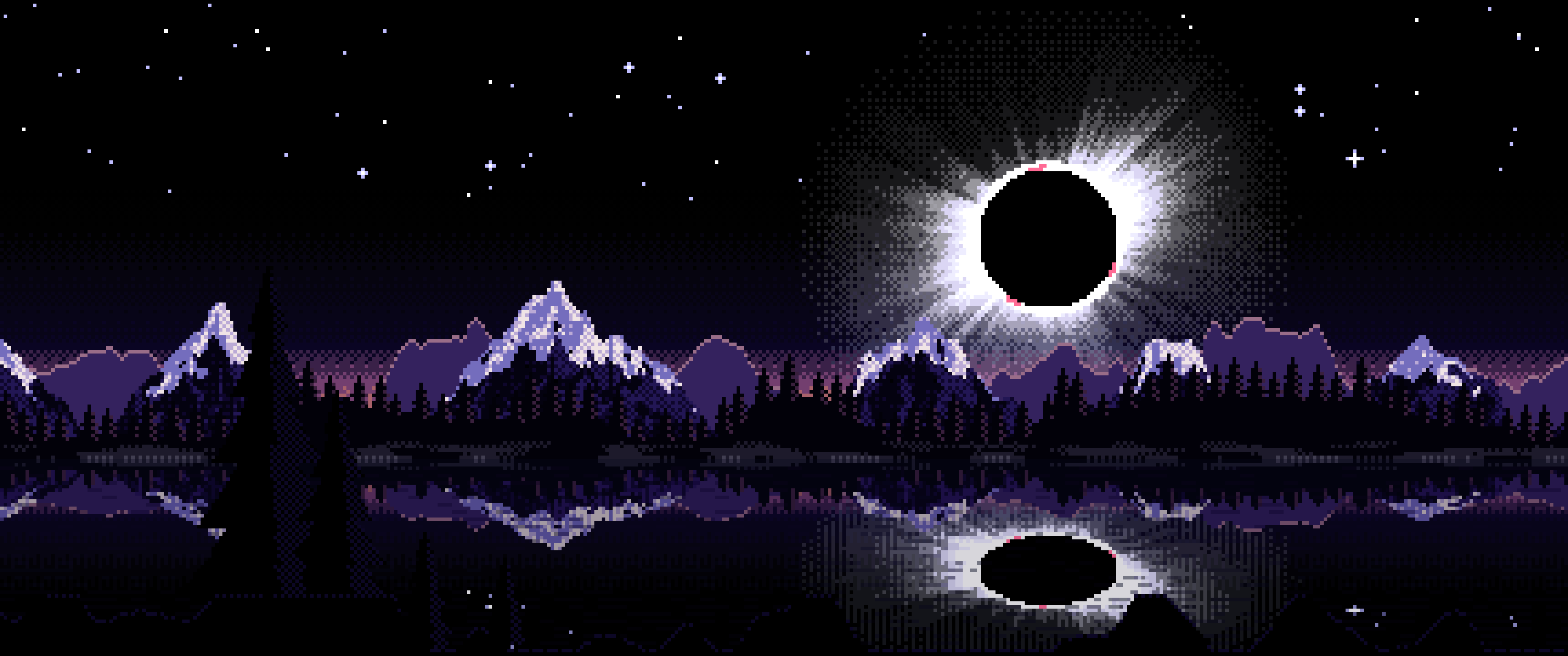 Black Pixel Art Solar Eclipse Over a Lake ultrawide wallpaper, 3440 × 1440