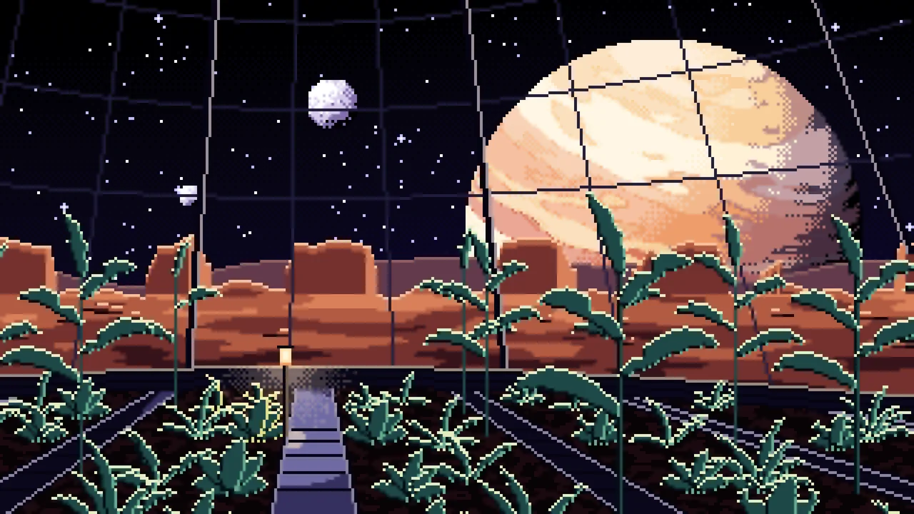 Black Pixel Art Space Greenhouse Dome and a Giant Planet desktop wallpaper in 4K