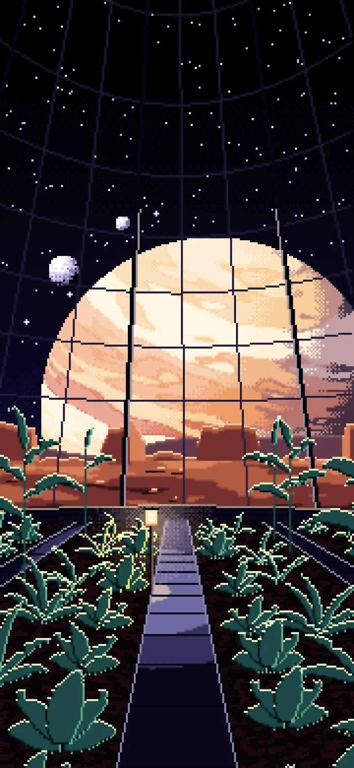 Black Pixel Art Space Greenhouse Dome and a Giant Planet wallpaper for iPhone and Android