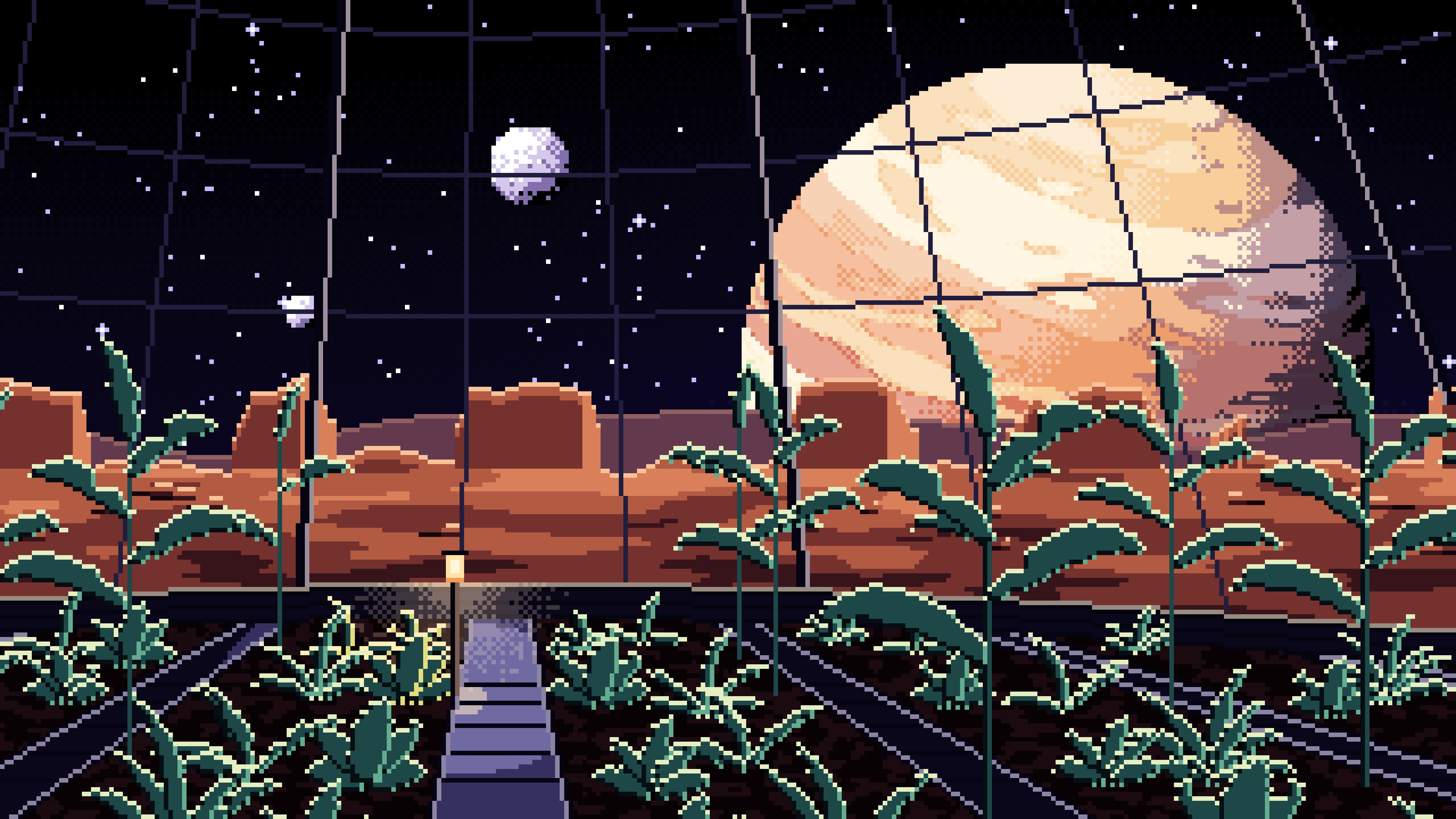 Black Pixel Art Space Greenhouse Dome and a Giant Planet desktop wallpaper in 4K