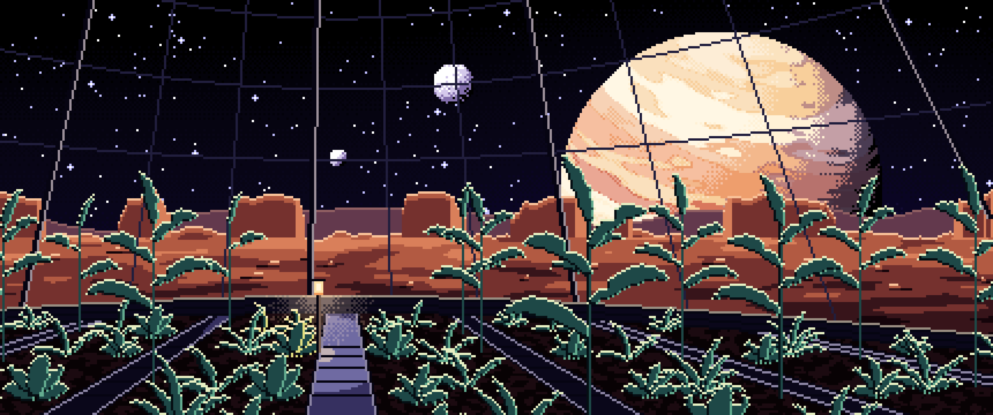 Black Pixel Art Space Greenhouse Dome and a Giant Planet ultrawide wallpaper, 3440 × 1440