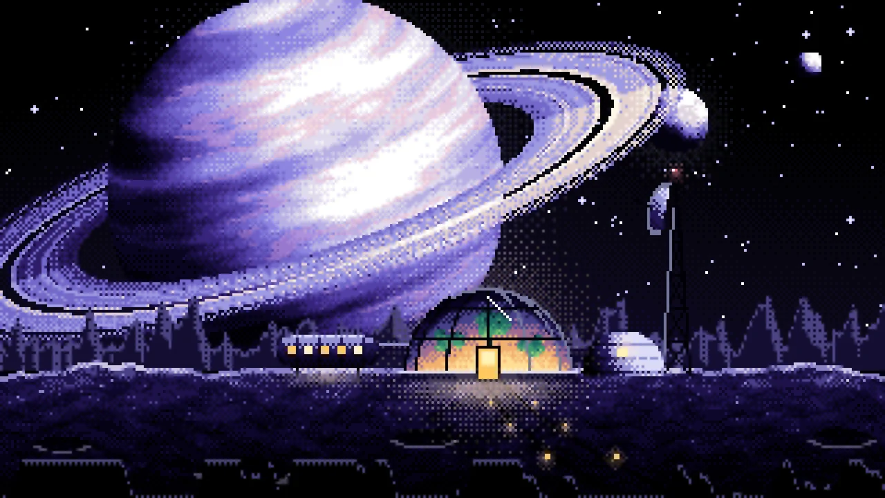 Black Pixel Art Space Outpost Under a Ringed Planet desktop wallpaper in 4K