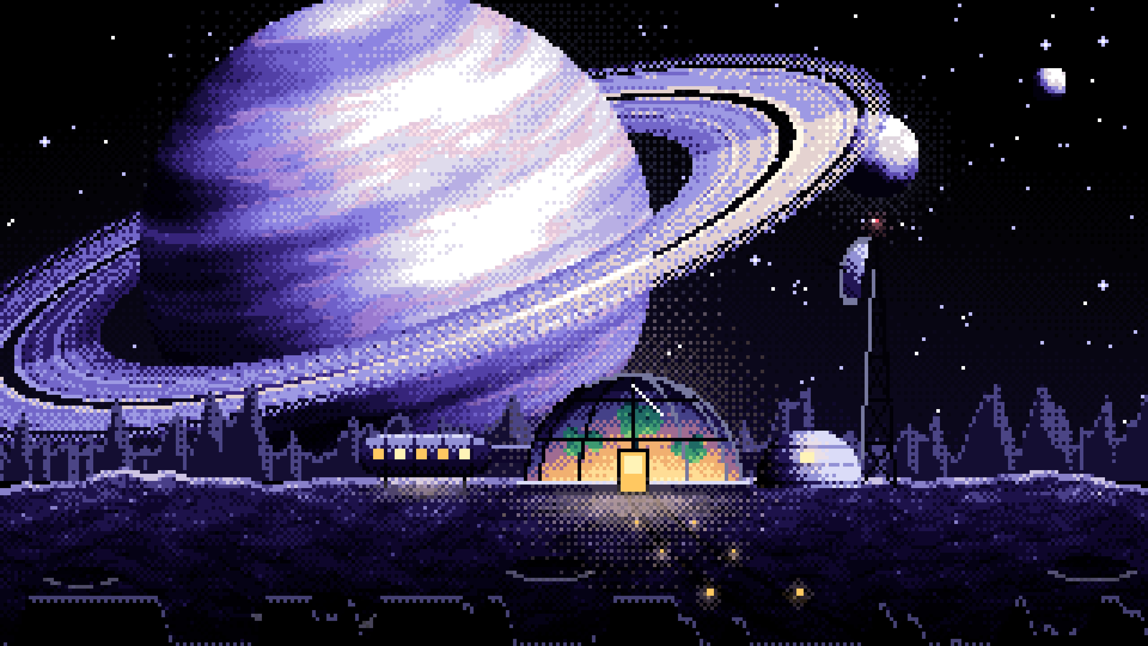 Black Pixel Art Space Outpost Under a Ringed Planet desktop wallpaper in 4K