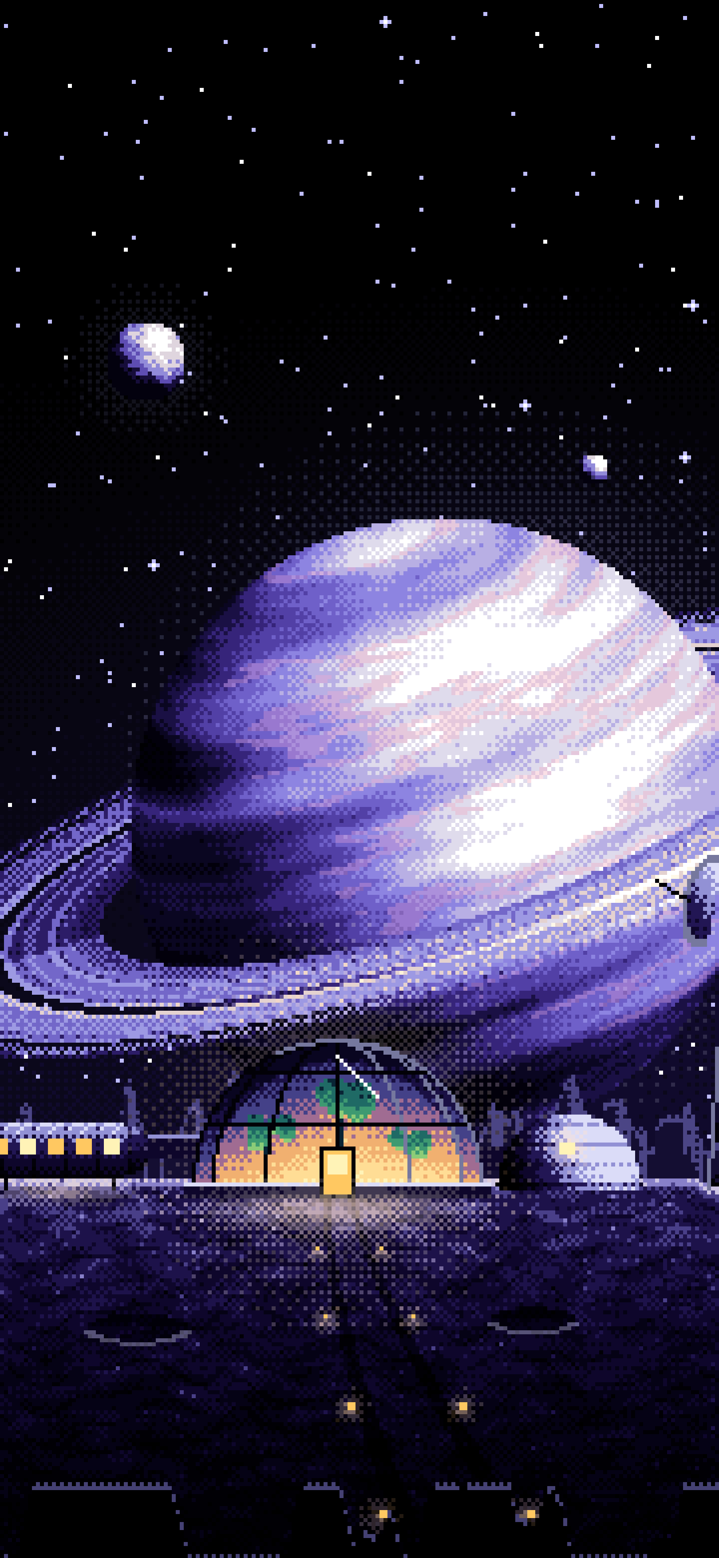 Black Pixel Art Space Outpost Under a Ringed Planet wallpaper for iPhone and Android