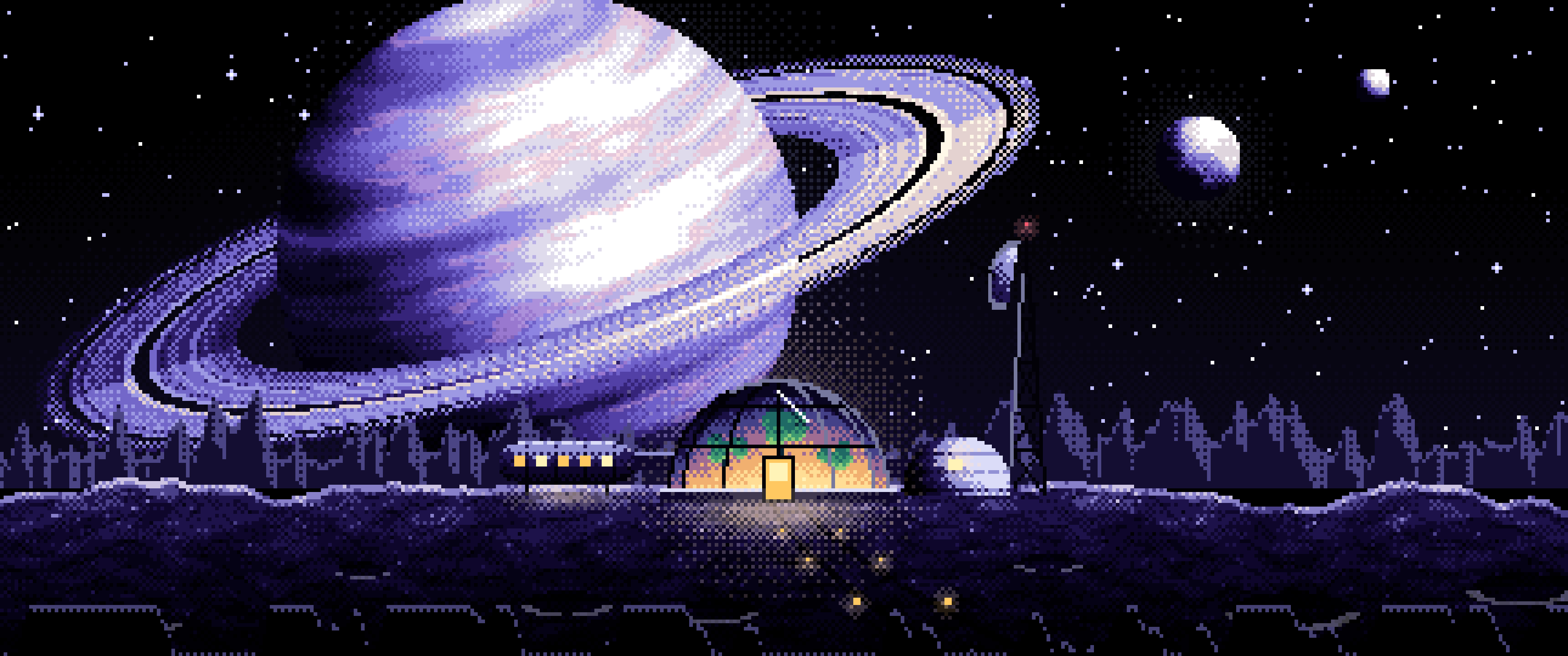 Black Pixel Art Space Outpost Under a Ringed Planet ultrawide wallpaper, 3440 × 1440