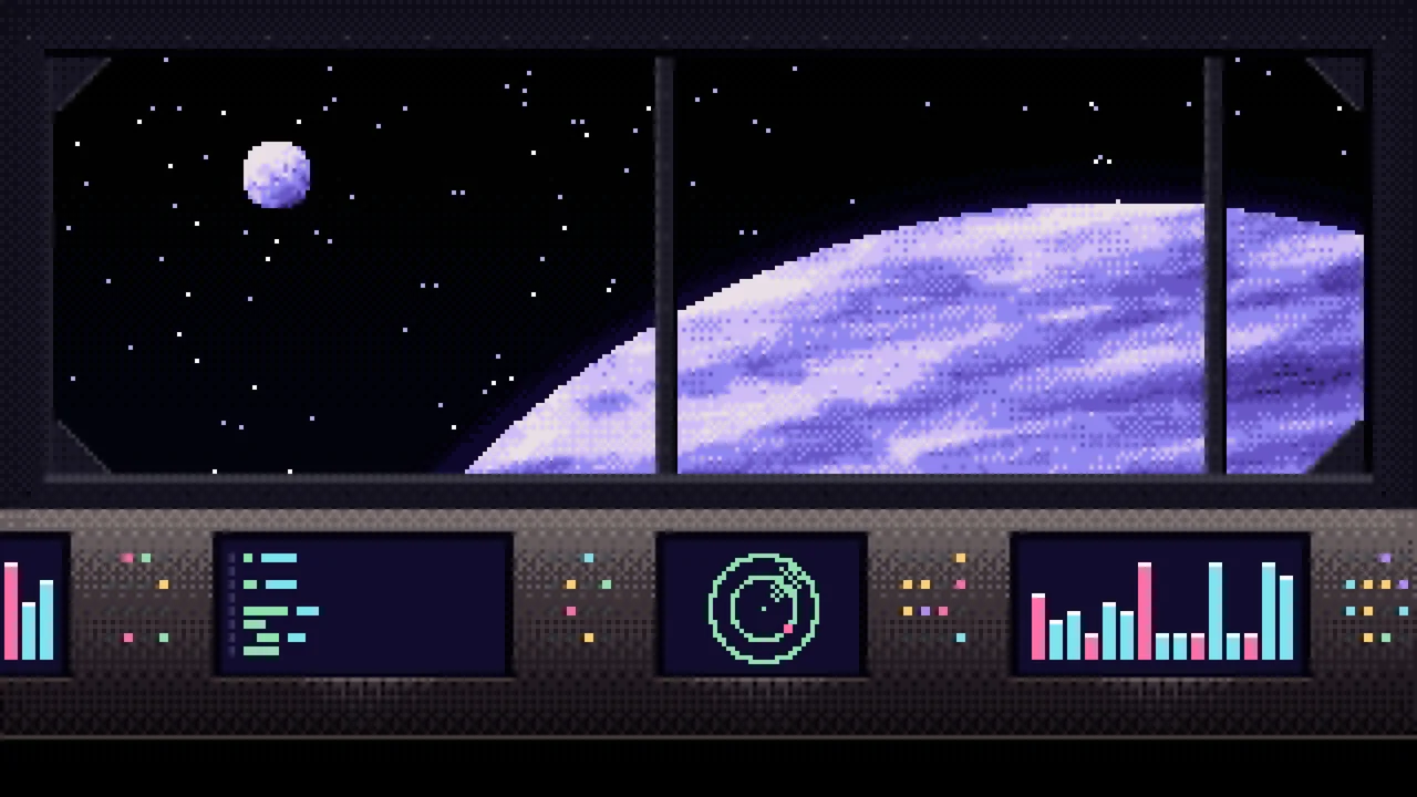 Black Pixel Art Space Station desktop wallpaper in 4K