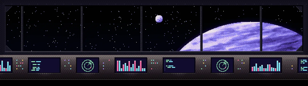 Black Pixel Art Space Station dual monitor wallpaper, 7680 × 2160