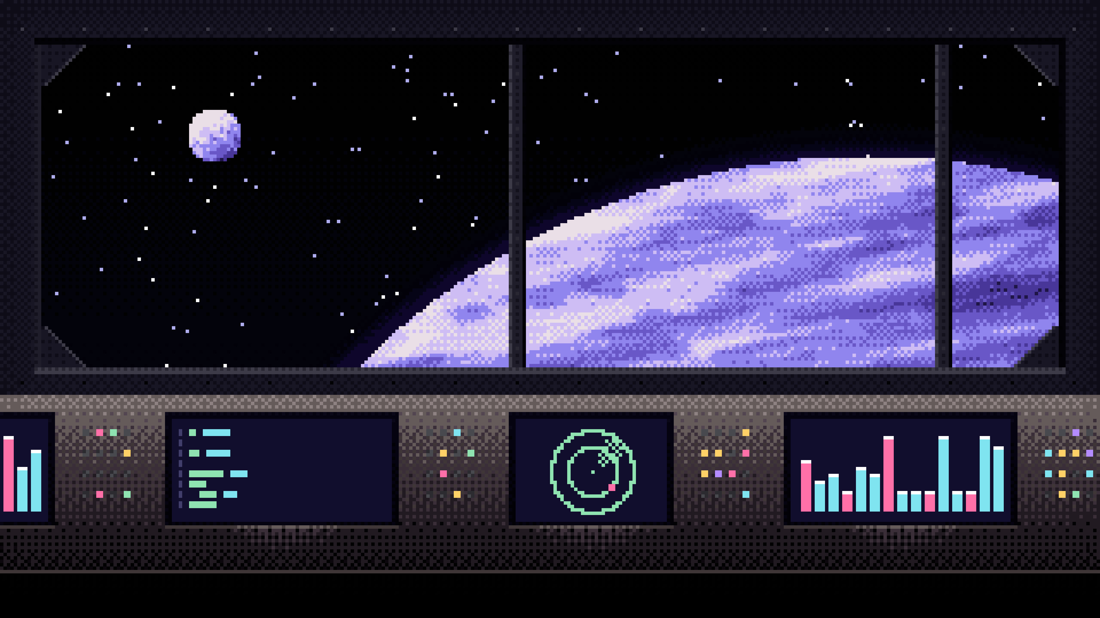Black Pixel Art Space Station desktop wallpaper in 4K