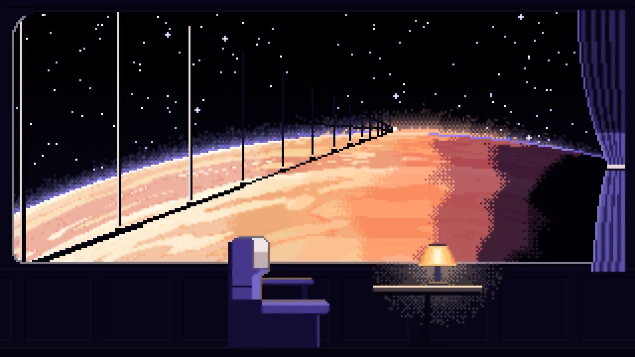 Black Pixel Art Space Train Window Above a Planet desktop wallpaper in 4K