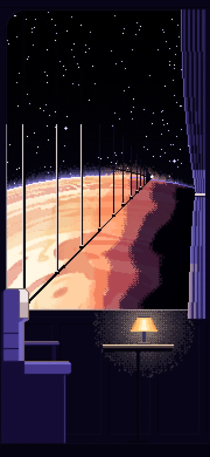 Black Pixel Art Space Train Window Above a Planet wallpaper for iPhone and Android