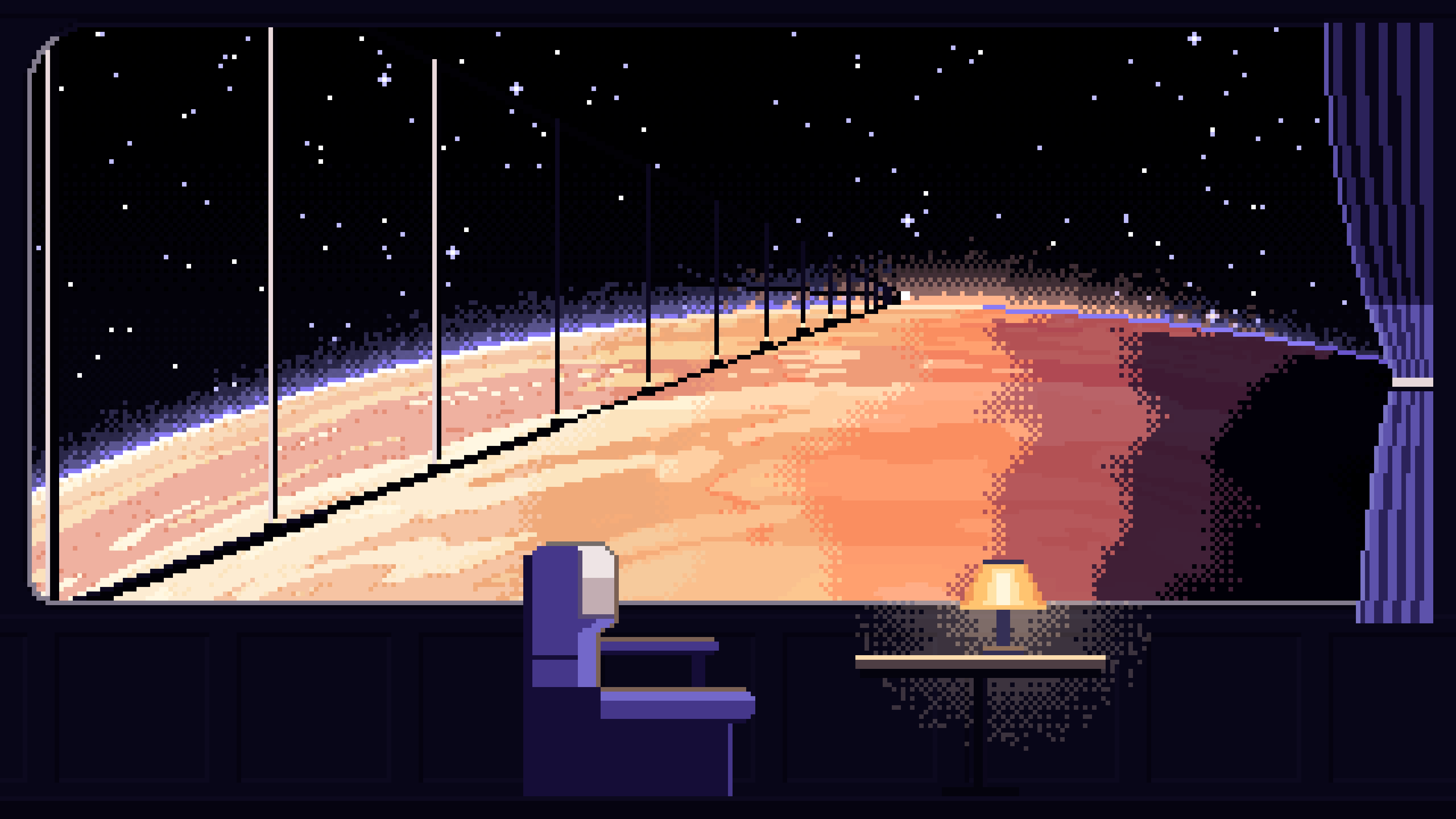 Black Pixel Art Space Train Window Above a Planet desktop wallpaper in 4K
