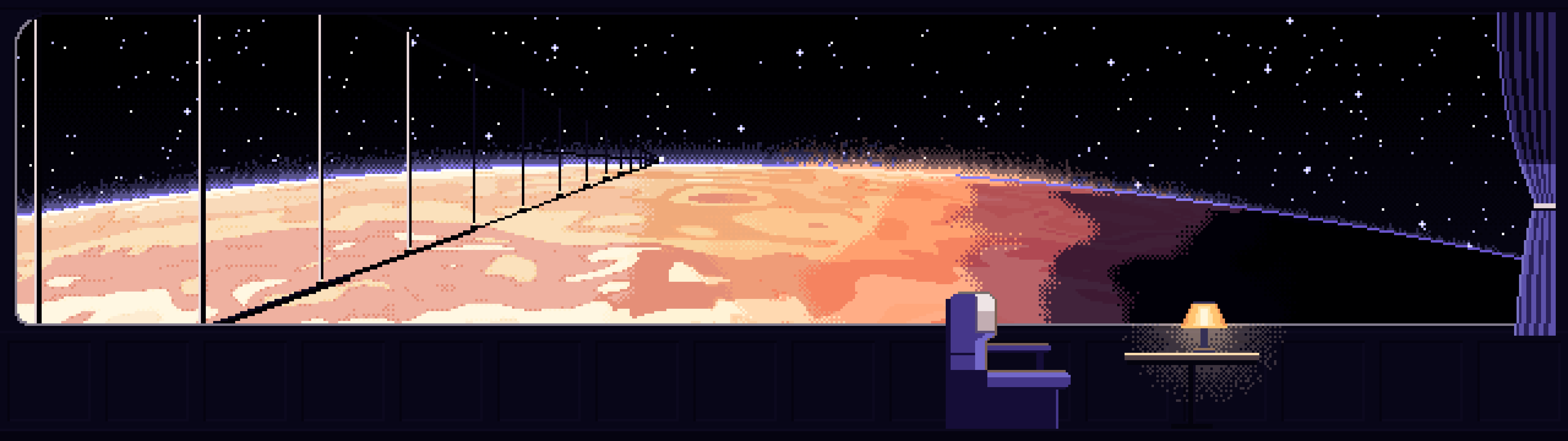 Black Pixel Art Space Train Window Above a Planet dual monitor wallpaper, 7680 × 2160